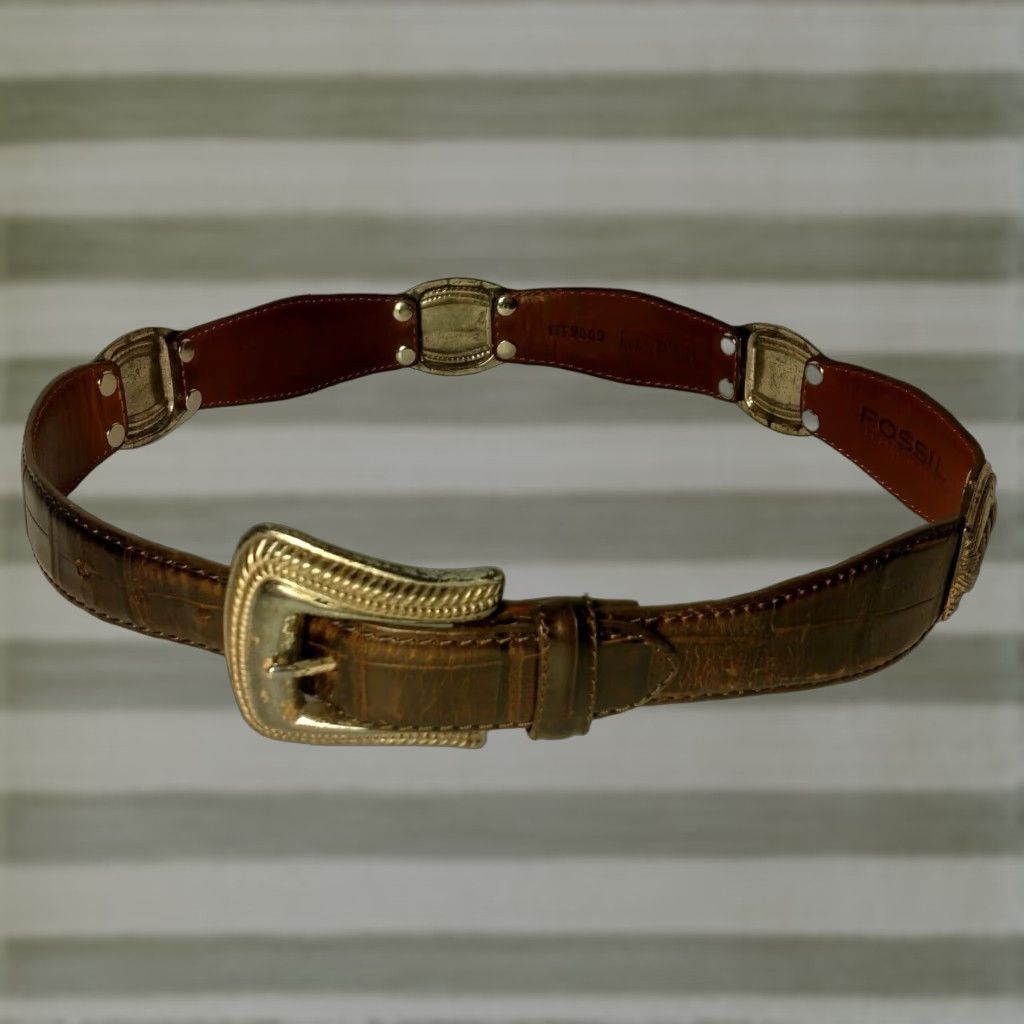 Fossil Fossil Belt Women Medium Brown Leather Metal Links Adjustable Distressed Size ONE SIZE - 1 Thumbnail