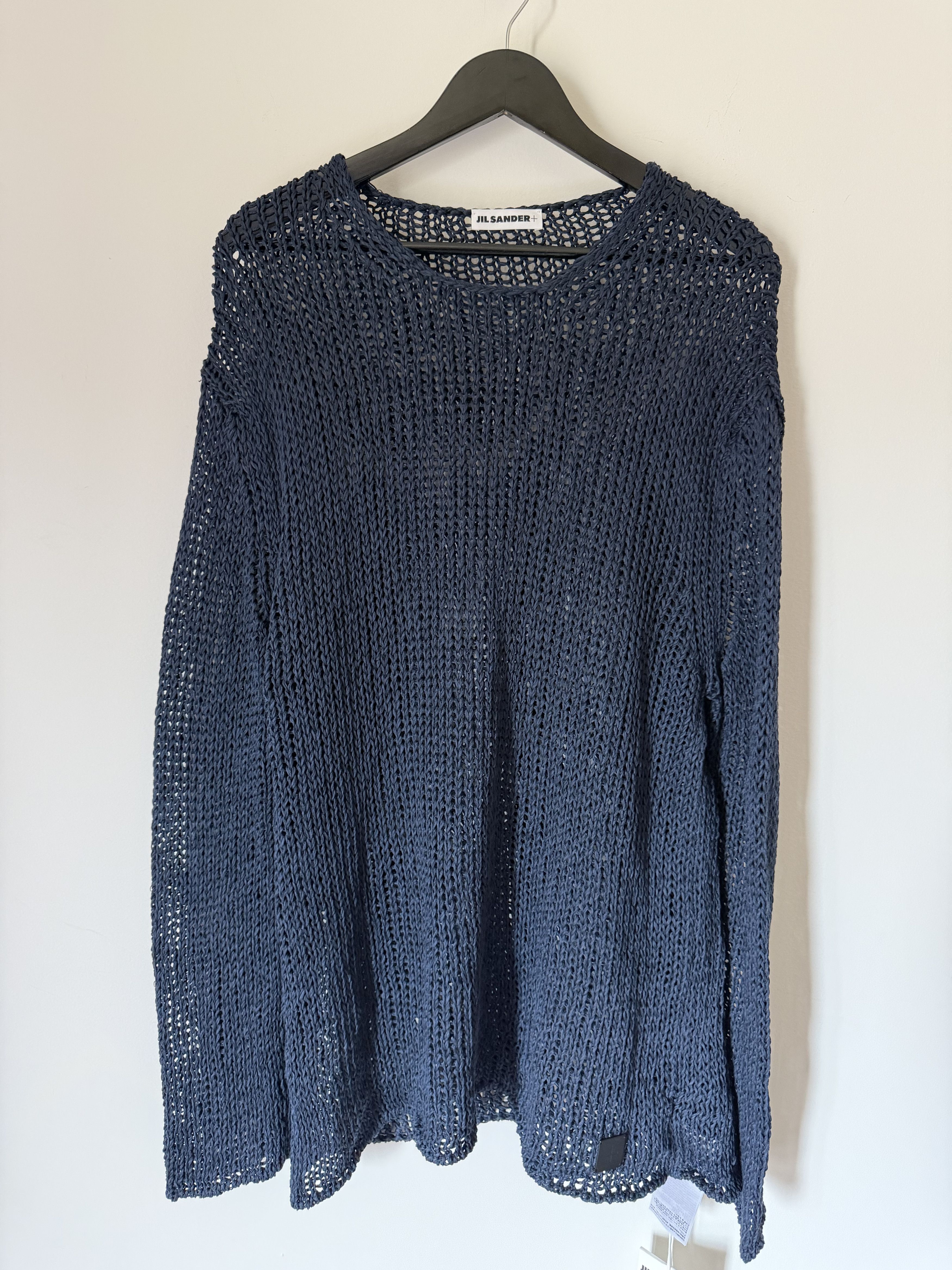 Jil Sander Mouline Open Cotton Knit Sweater in Navy