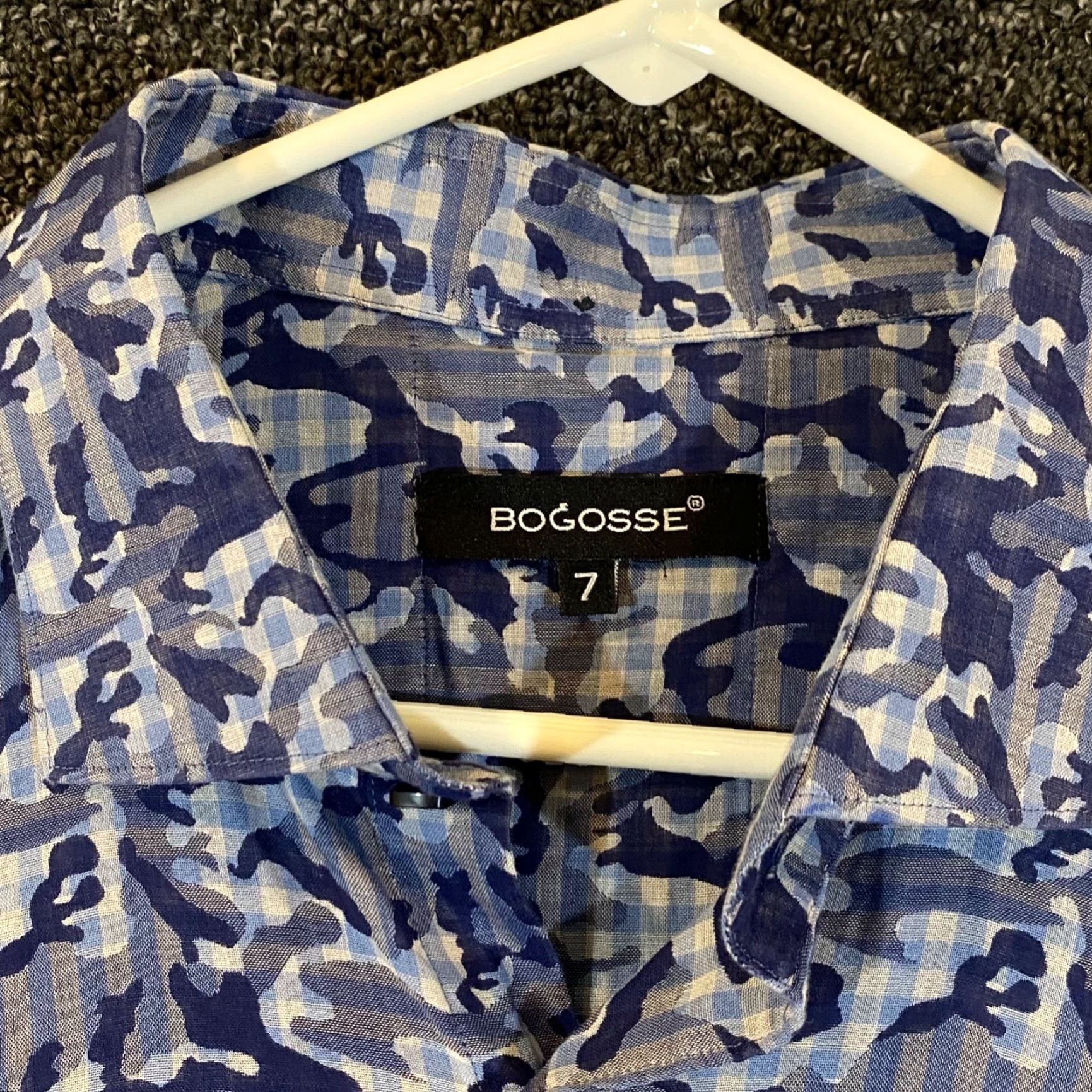 Vintage Bogosse Shirt Mens 3XL Blue Camo Long Sleeve Button-Up Top with French Cuff, Button Up, Casual Formal Workwear Size US XXL / EU 58 / 5 - 2 Thumbnail