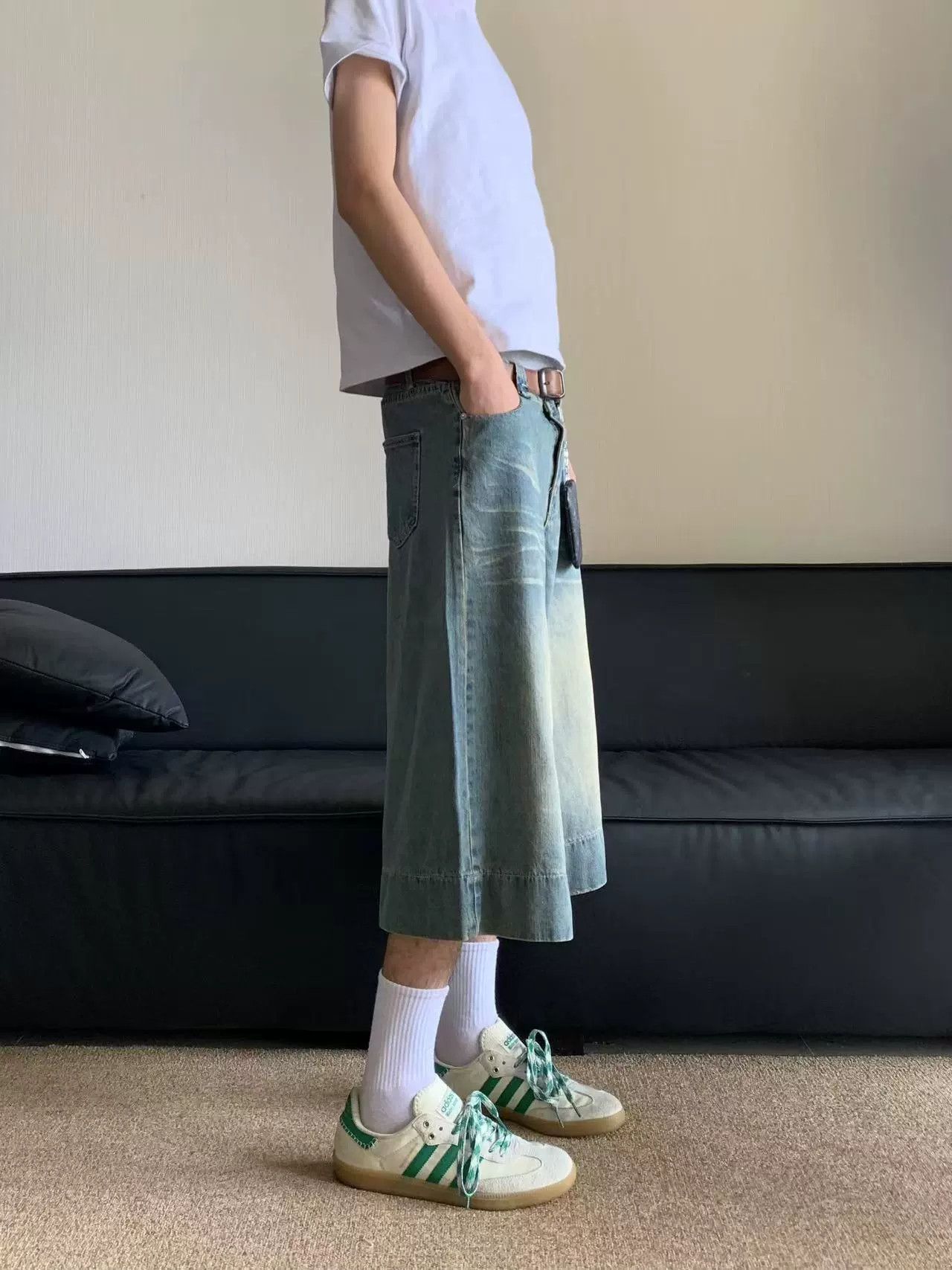 Vintage Retro loose wide-leg distressed washed straight denim shorts Size US 32 / EU 48 - 4 Thumbnail
