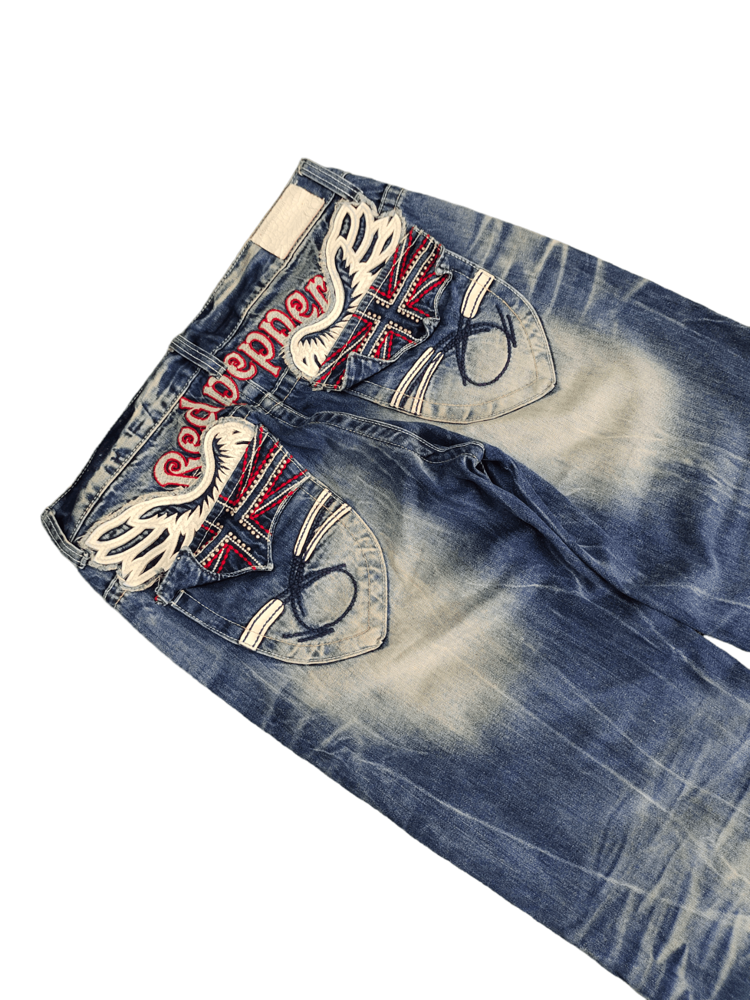 Vintage Red Pepper Wing & UK Flag Embroidered Denim Ed Hardy Y2k Size US 34 / EU 50 - 4 Thumbnail