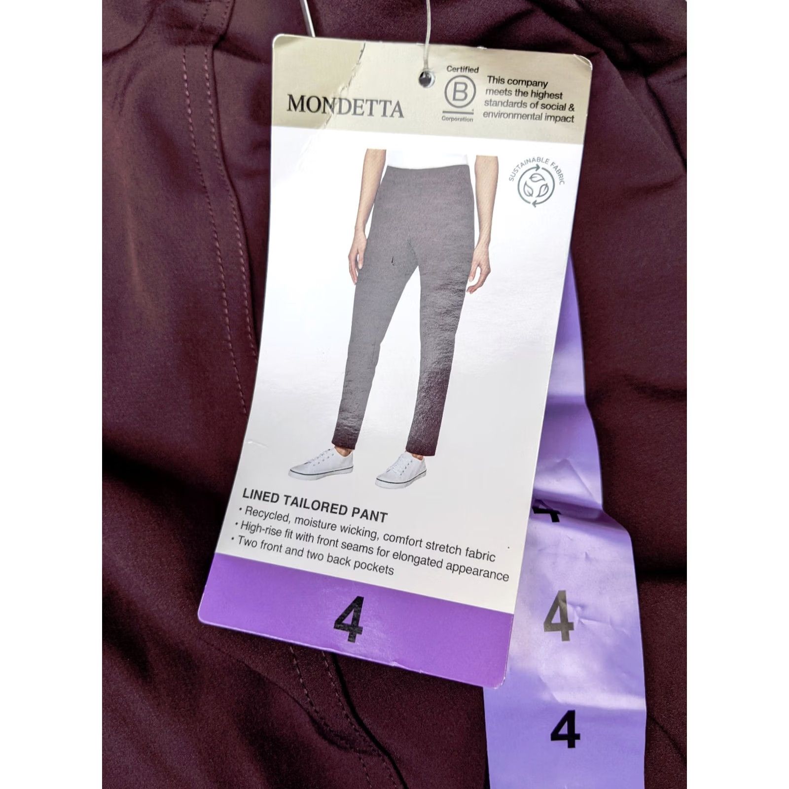 Vintage Mondetta Womens 4 Burgundy Lined Tailored Pant High-Rise Comfort Stretch Pant Size 27" / US 4 / IT 40 - 6 Thumbnail