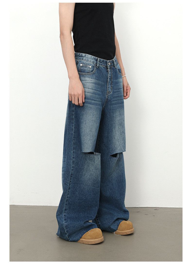 Japanese Brand × Jean American street men's loose straight wide-leg ripped jeans Size US 32 / EU 48 - 2 Thumbnail