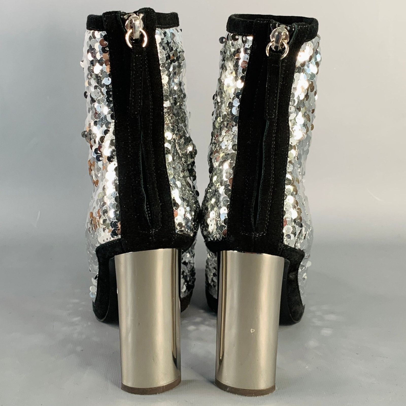Giuseppe Zanotti GIUSEPPE ZANOTTI Silver Black Sequined Back Zip Booties Size US 7.5 / IT 37.5 - 3 Thumbnail