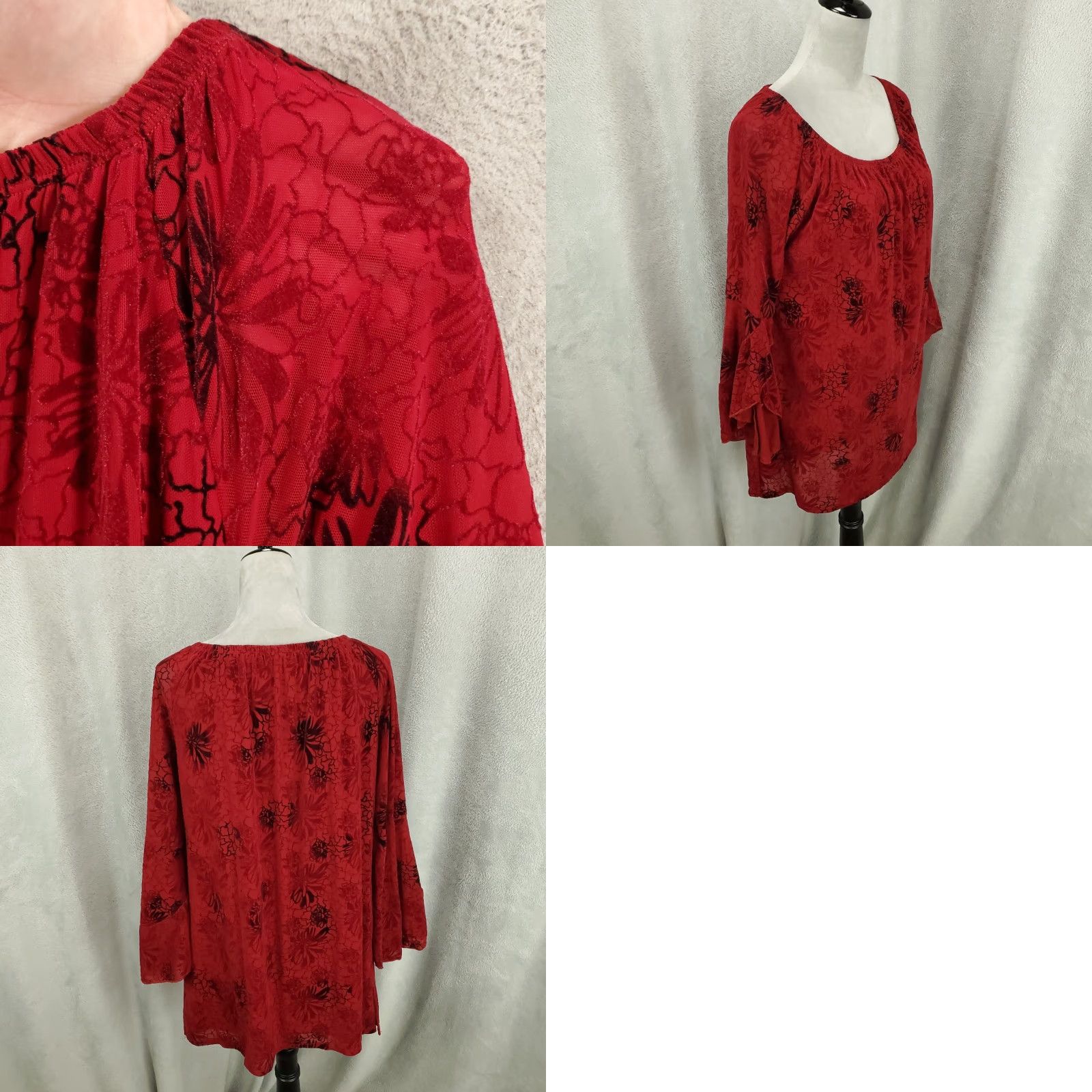 Vintage Calessa Blouse Women's M Red Floral Bell Sleeve Velvet Top Size M / US 6-8 / IT 42-44 - 8 Thumbnail