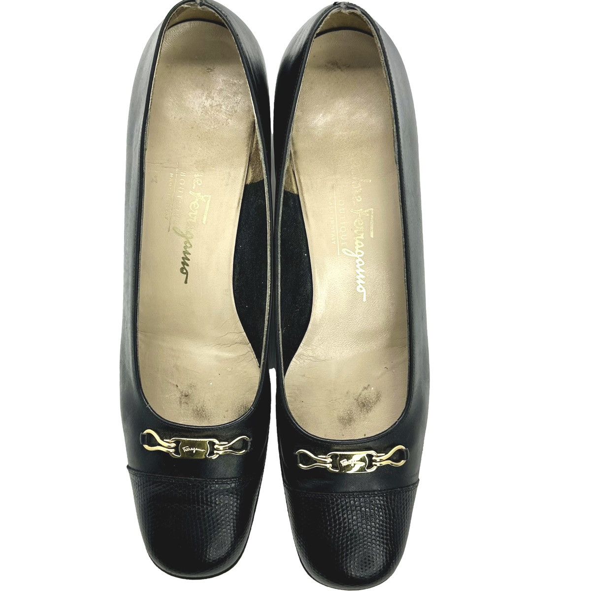 Salvatore Ferragamo Salvatore Ferragamo Black Leather Cap Block Heel Pumps 9AA Size US 9 / IT 39 - 2 Thumbnail