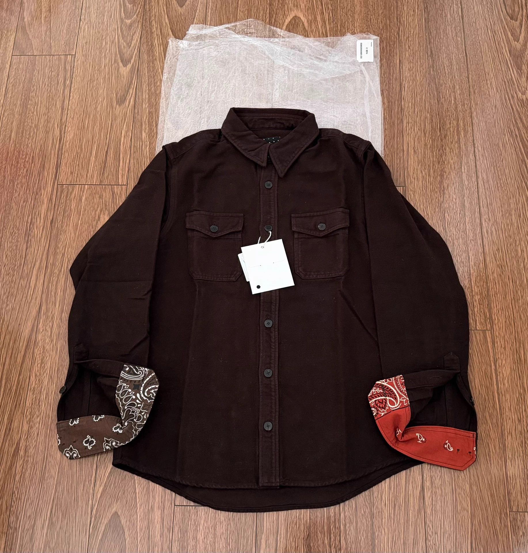 VISVIM ICT BLK ELK FLANNEL SHIRT CUFFED BANDANA BROWN SZ2