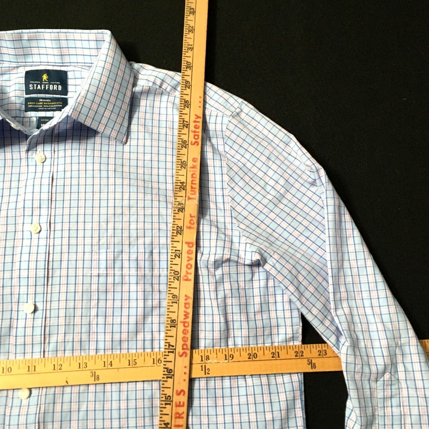 Stafford Stafford Dress Shirt Mens 16.5 32/33 Blue Pink Button Up Easy Care Travel Shirt Mens Dress Shirt Blue 16.5x32/33 Regular Cotton Polyester Button Up Size 46R - 4 Thumbnail