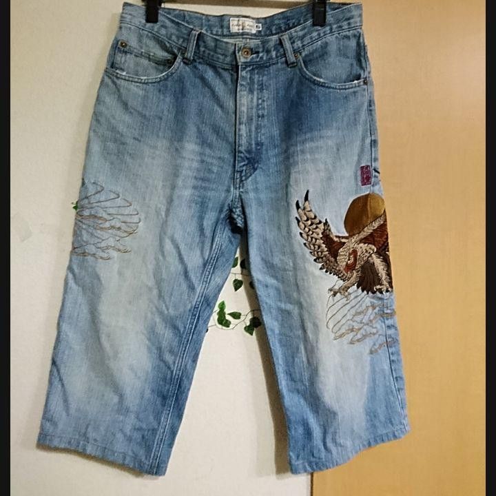 Japanese Brand KARAKURI TAMASHII Embroidered Denim Shorts Blue 33 Size US 34 / EU 50 - 1 Thumbnail