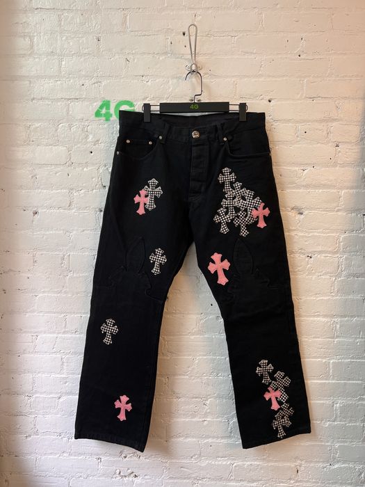 Chrome Hearts Fleur Knee Pink and Checkered Cross Denim Jeans Black