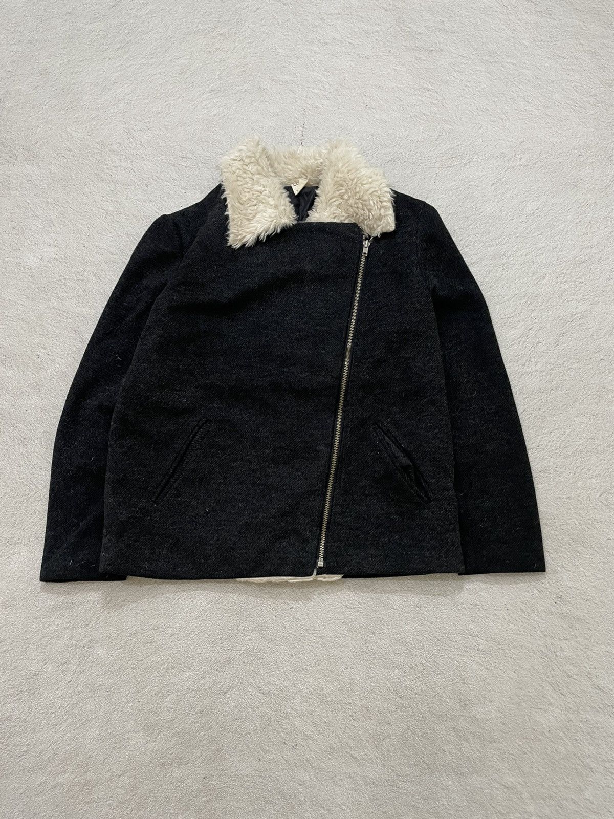Japanese Brand 00s Black Wool Jacket Shearling Collar Asymmetrical 