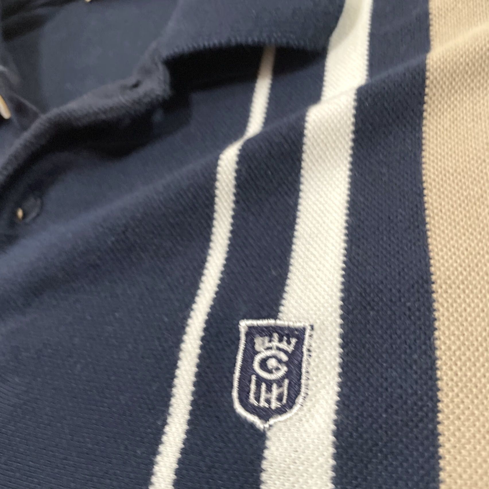 Vintage vtg CROSSOVER Knit Polo Shirt Men M Blue Tan Vertical Stripe Retro 60s 70s Sport Size US M / EU 48-50 / 2 - 5 Thumbnail