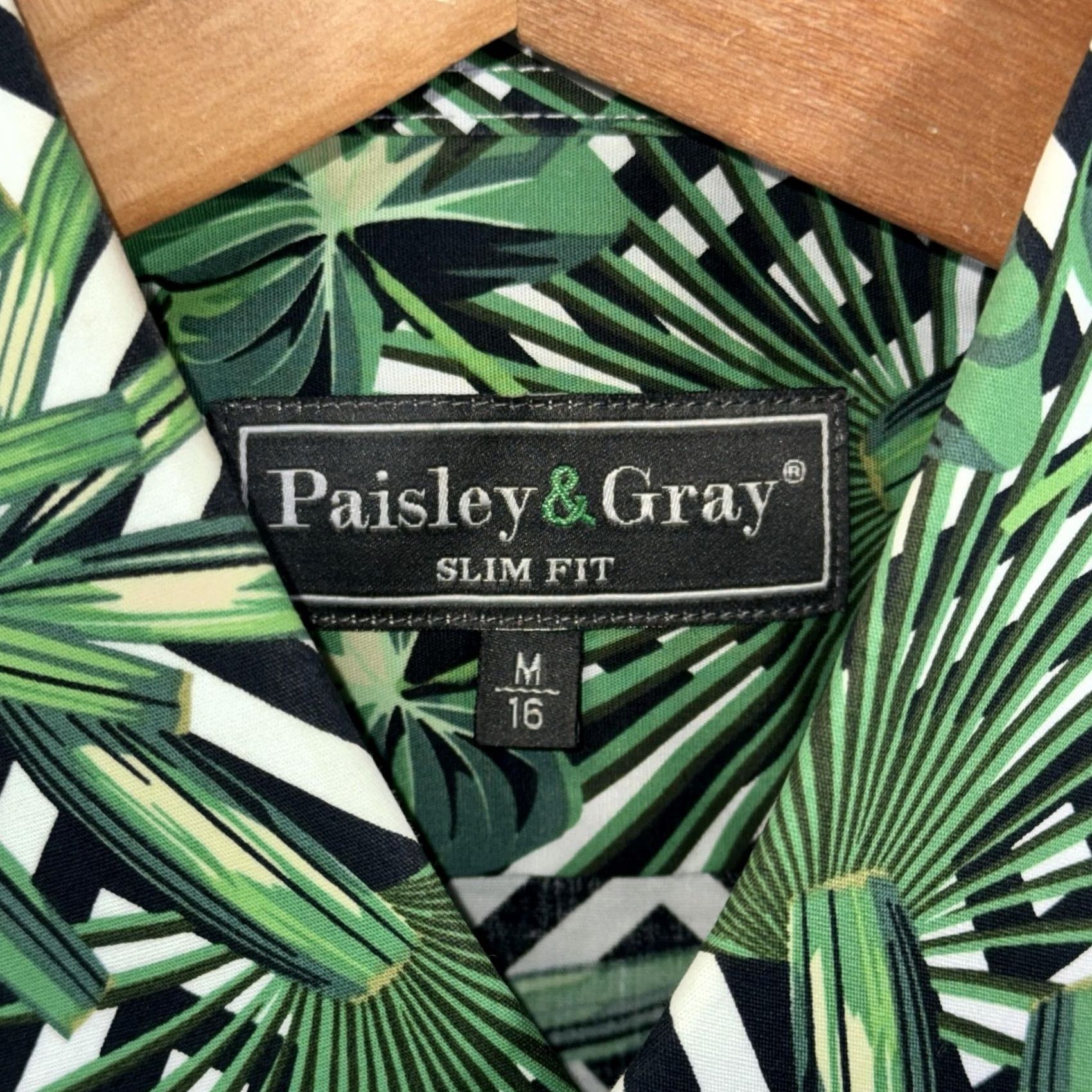 Vintage Paisley & Gray Shirt Mens M Green Tropical Palm Geometric Slim Fit Stretch Size US M / EU 48-50 / 2 - 4 Thumbnail