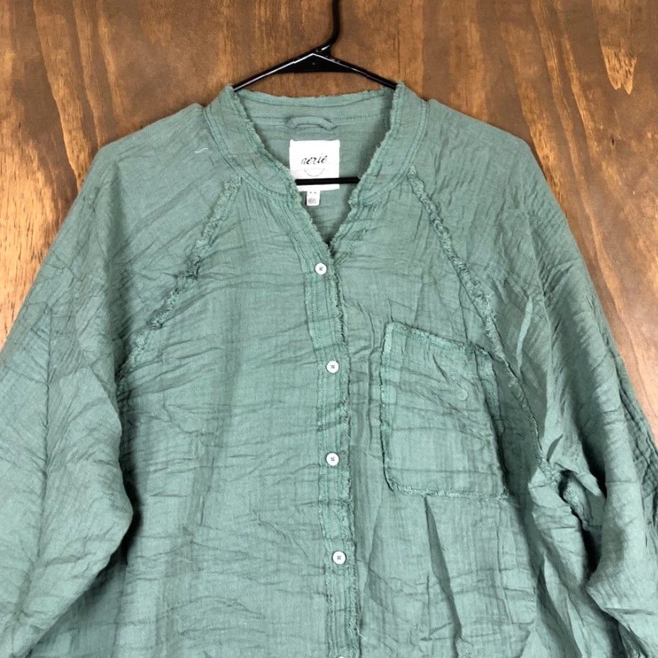 Vintage Aerie Womens Shirt Green V Neck Button Up Long Sleeve 100% Cotton M Womens Regular Short/Long Sleeve Size M / US 6-8 / IT 42-44 - 2 Thumbnail