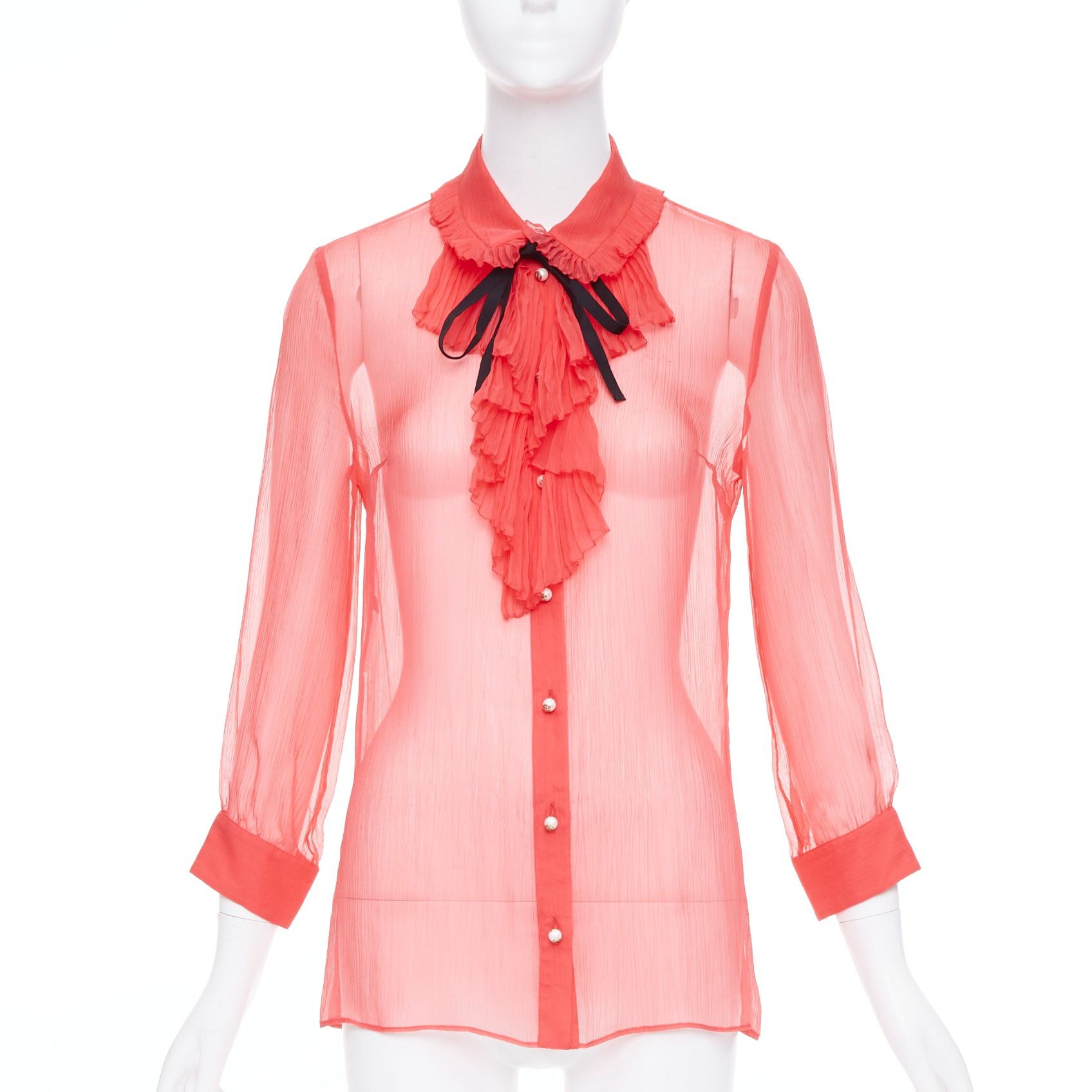 Gucci GUCCI coral red sheer chiffon GG pearl black pussybow ruffle blouse IT42 M Size M / US 6-8 / IT 42-44 - 1 Thumbnail