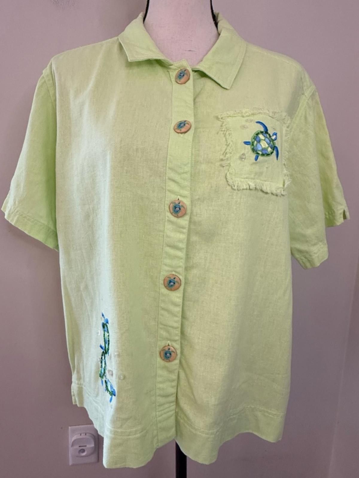 Sunray Sportswear Sunbay Sport green linen blend top embroidered turtles PXL Size XL / US 12-14 / IT 48-50 - 1 Thumbnail