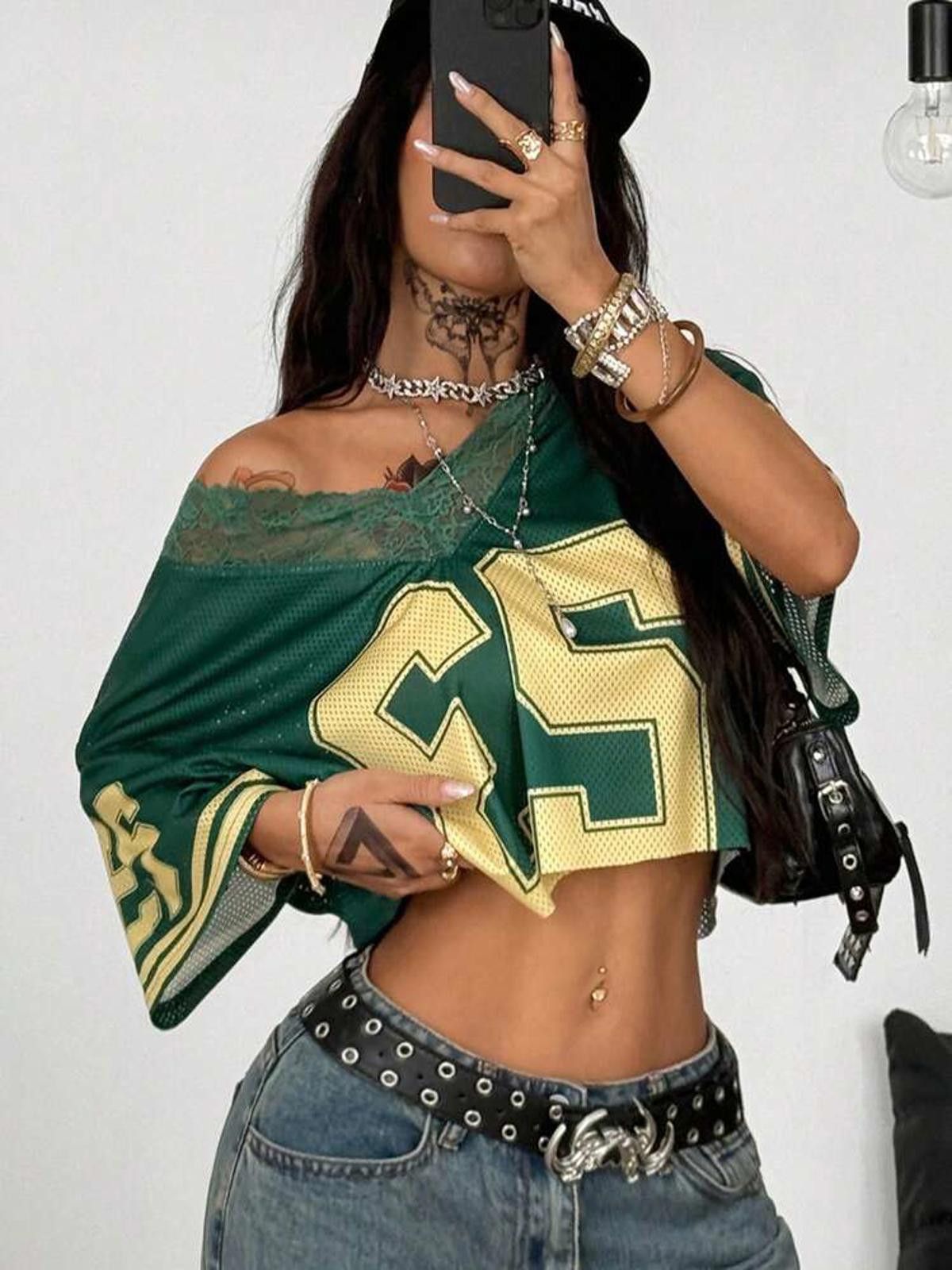 Other Green and Yellow Lace Trim Mesh Crop Top Jersey Size ONE SIZE - 1 Thumbnail