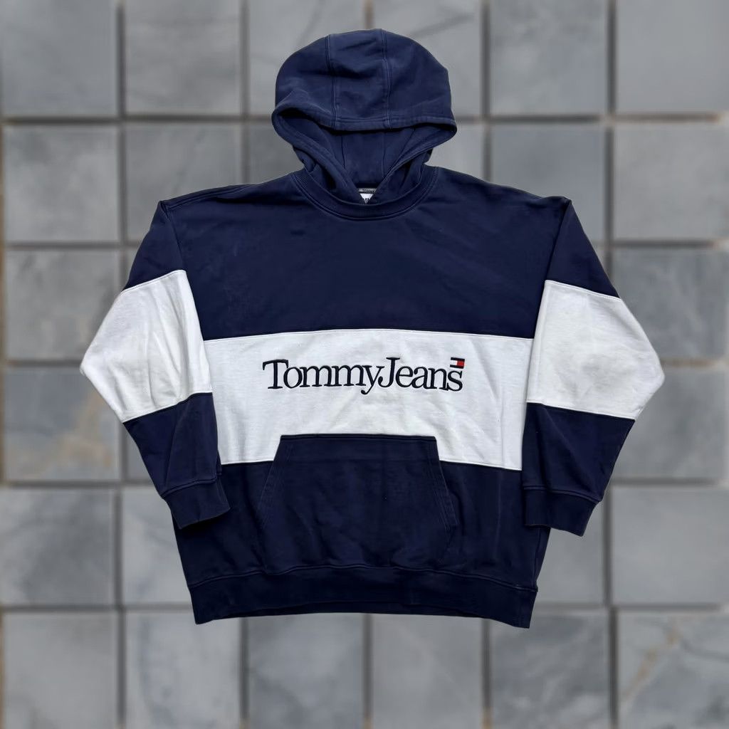 Tommy Hilfiger Tommy Hilfiger Hoodie Mens 2XL Blue Colorblock Fleece Pullover Crew Neck Sweatshirt Logo Embroidered Striped Pockets All Seasons Size US XXL / EU 58 / 5 - 1 Thumbnail