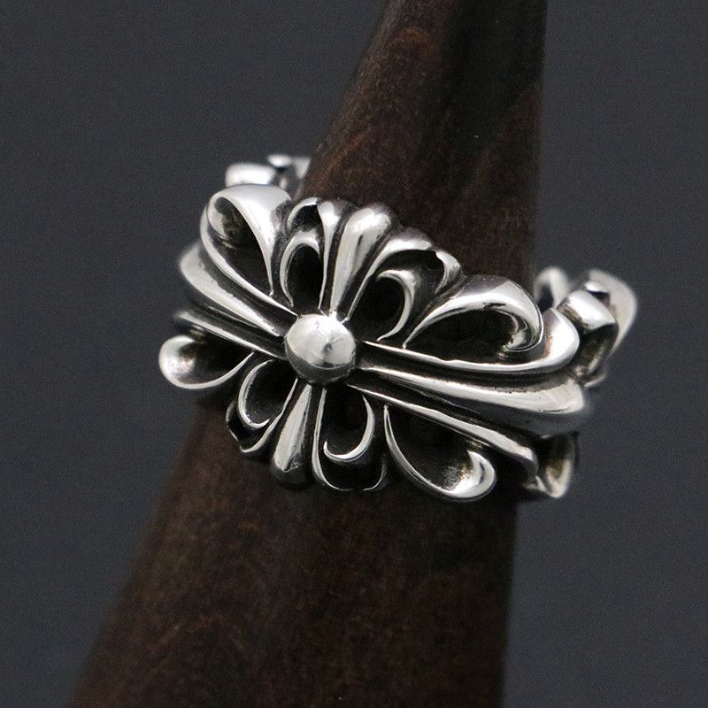 image of Chrome Hearts Double Floral Cross Ring - Size 7 in Silver, Men's