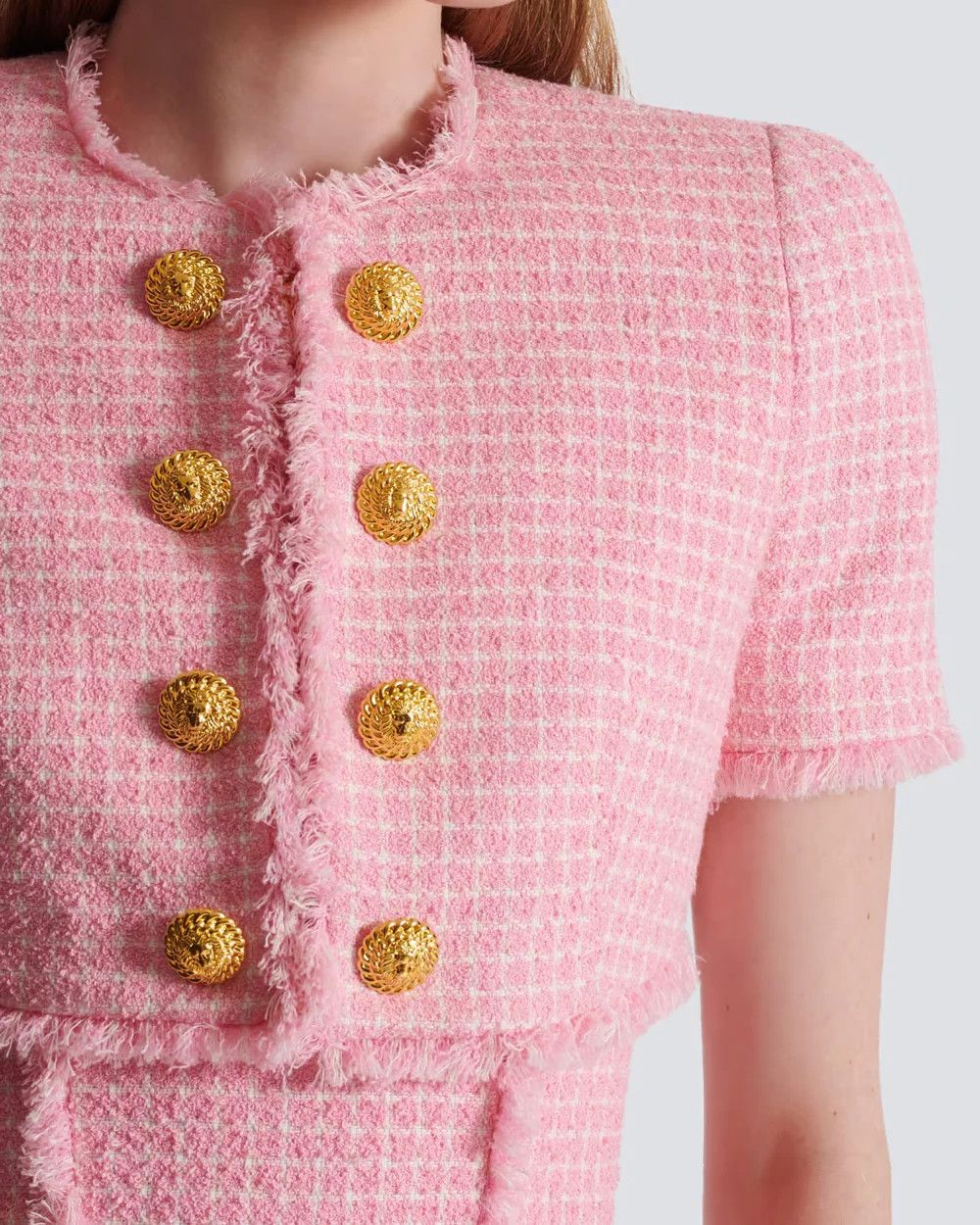 Balmain o1s1wg110125 Tweed Vichy Cropped Jacket in Pink Size S / US 4 / IT 40 - 4 Thumbnail