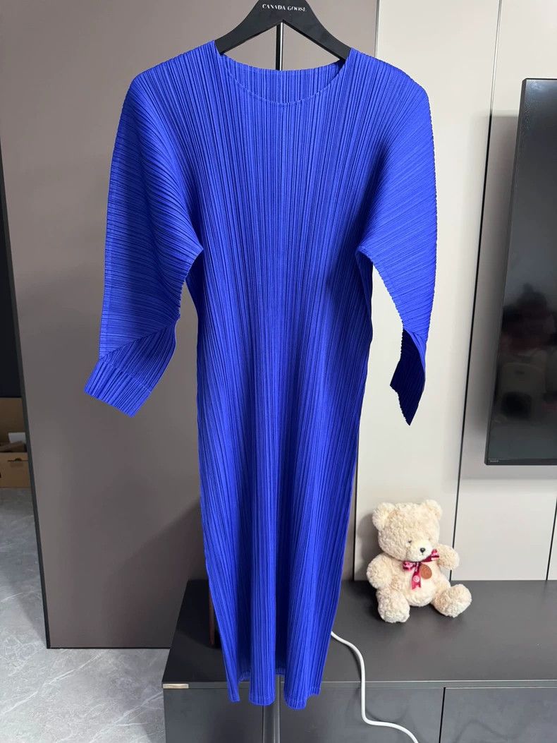 modest beach dresses Issey Miyake Pleats Please Blue Short Sleeve Dress & Ombre Jacket  Modig