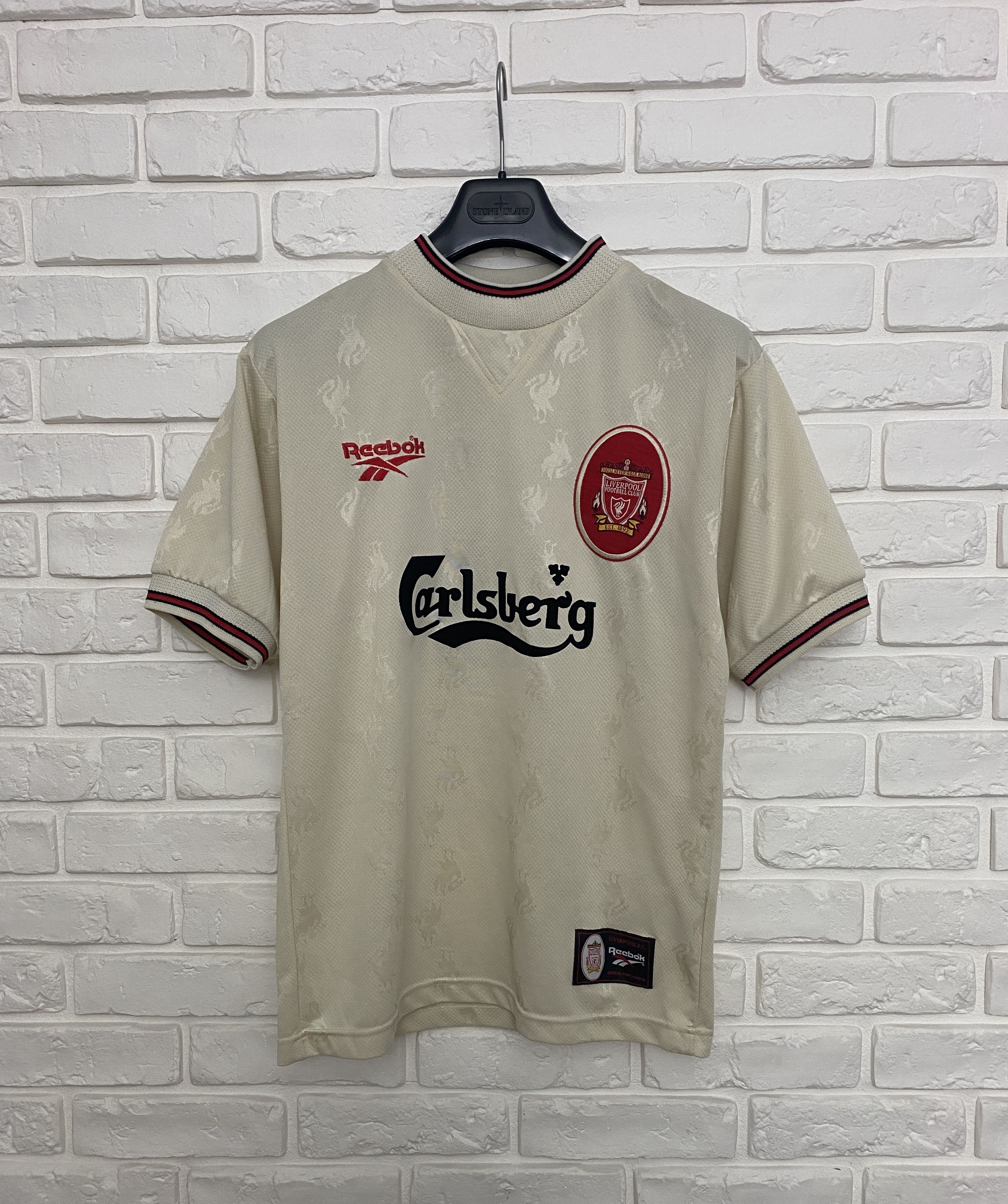 Image of Liverpool Fc 1996 1997 Away 13 Riedle Football Shirt 34/36 in Beige, Men's (Size Small)