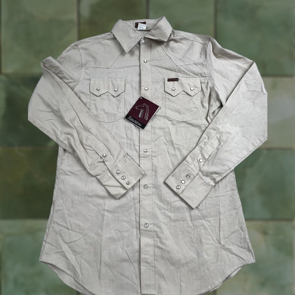 Vintage VINTAGE Country Western Shirt Mens Large Beige Solid Long Sleeve Snap Button Front Collar Tag Pockets Regular Fit Size US L / EU 52-54 / 3 - 1 Thumbnail
