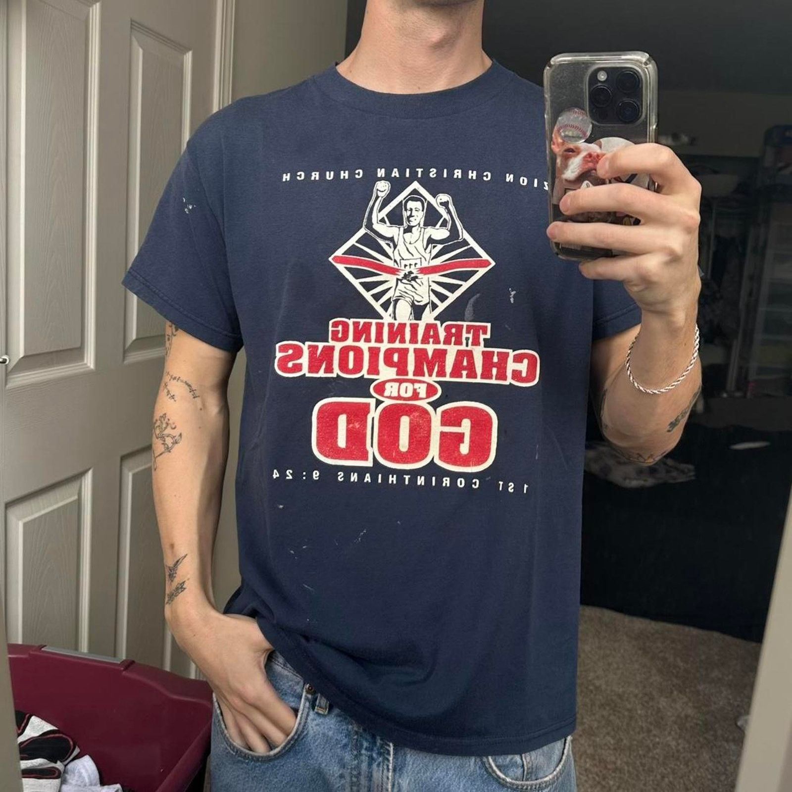 Vintage Vintage 90s Navy Faded Thrashed God Jesus Graphic Shirt Size US L / EU 52-54 / 3 - 7 Thumbnail