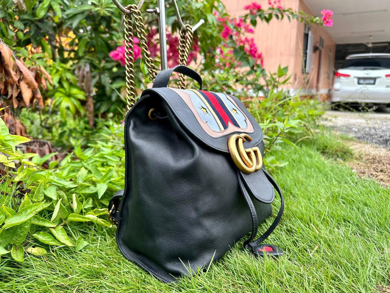 Gucci Authentic Gucci Leather GG Marmont Web Flap Chain Backpack Size ONE SIZE - 5 Thumbnail