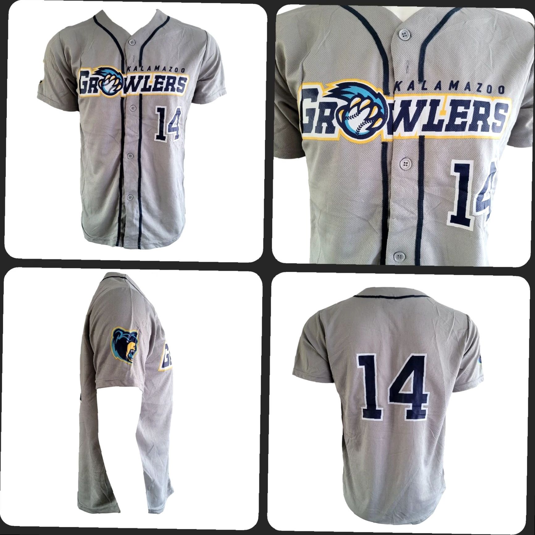 Logo 7 Kalamazoo Growlers Jersey - Gray Small Printed Logo Number 14 100% Polyester Men’s Baseball Jersey Size US S / EU 44-46 / 1 - 2 Thumbnail