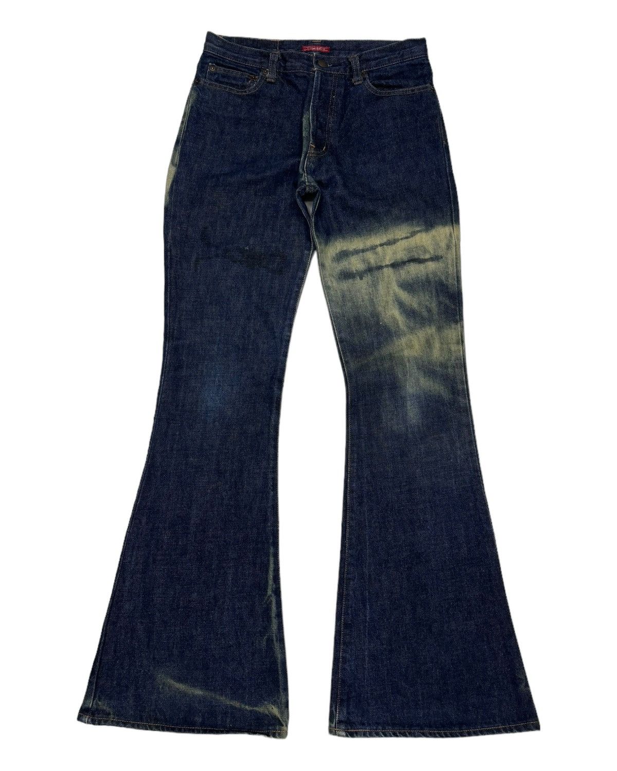 VINTAGE CHEVIGNON FLARED BLUE DISTRESSED DENIM BOOTCUT JEANS
