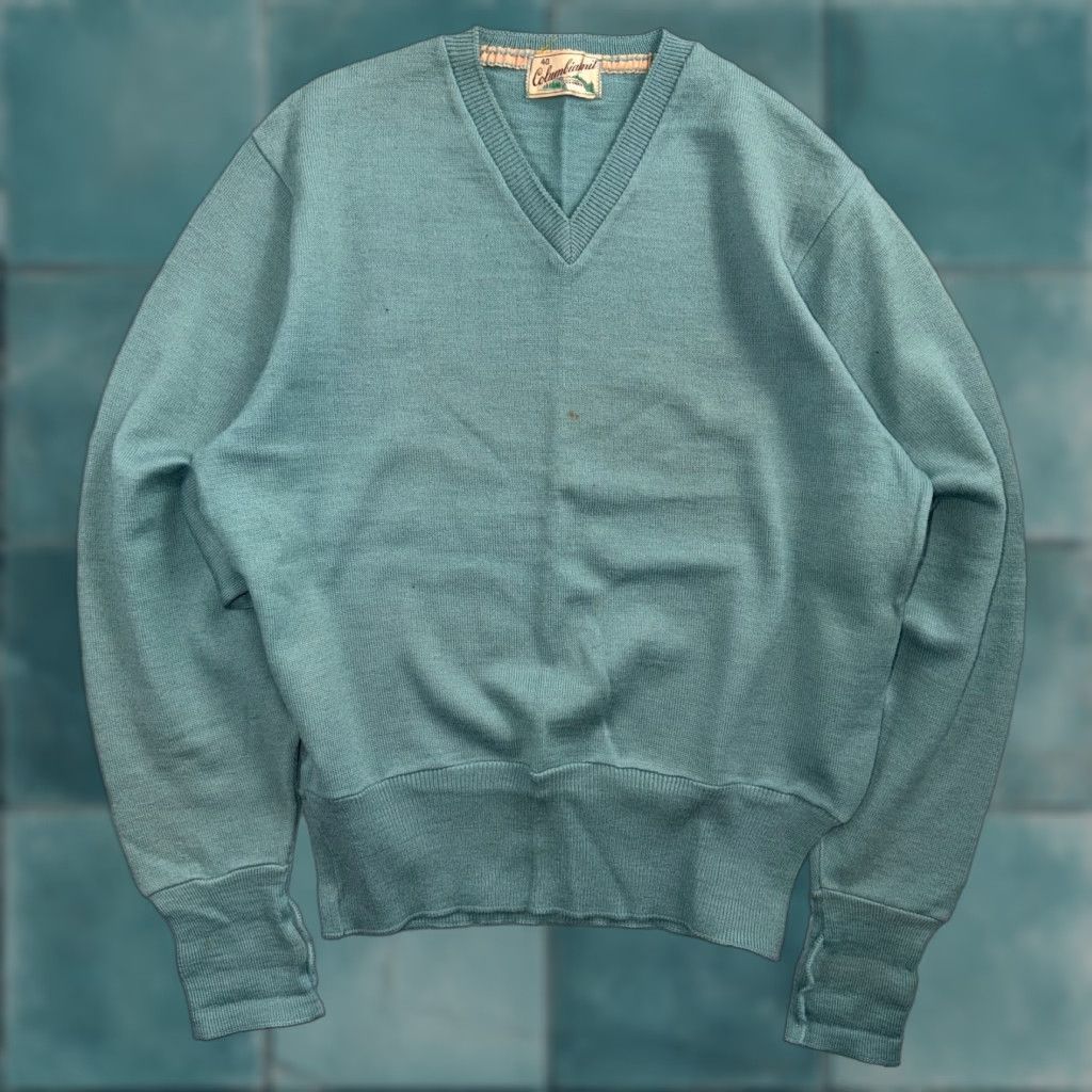 Vintage VTG 1940s 1950s Wool Pullover Sweater Rockabilly Mens V Neck Blue Columbia Knit Shirt Size US L / EU 52-54 / 3 - 1 Thumbnail