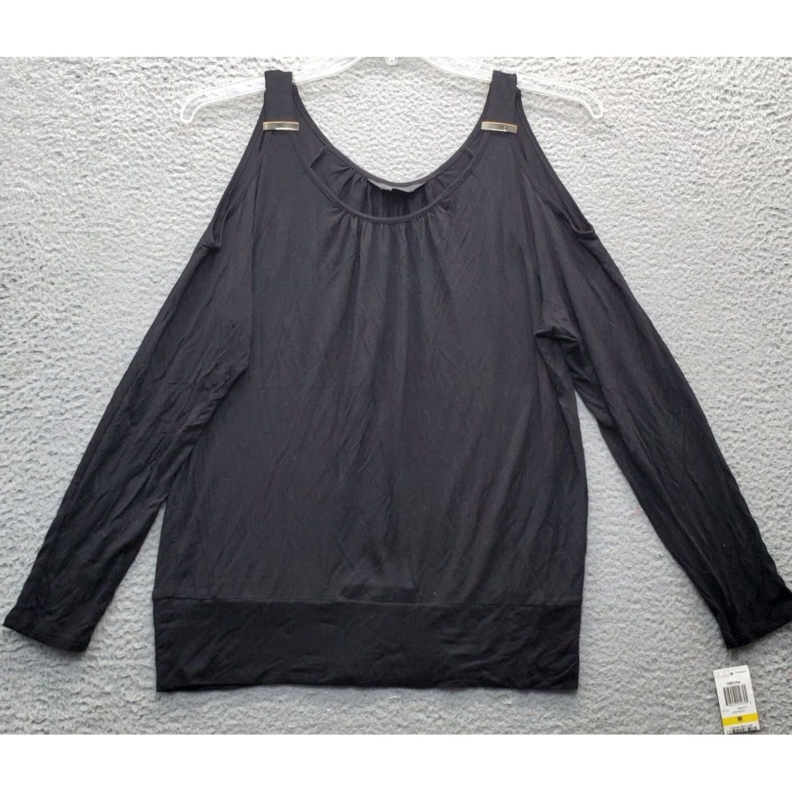 Vintage Thalia Sodi Blouse Top Womens M Black Rayon Stretch Cold Shoulder Sleeve - Shirt Woman Size M Black, Narrow Collarless Pullover Casual Long Sleeve Size M / US 6-8 / IT 42-44 - 2 Thumbnail