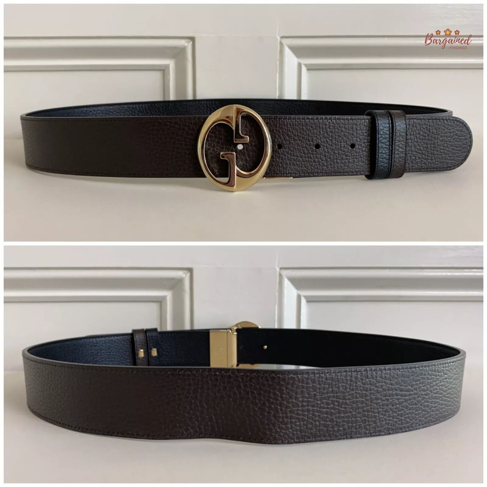 Gucci Gucci Black Pebbled Calf Leather Reversible Gold 1973 Belt Size 34 - 2 Thumbnail