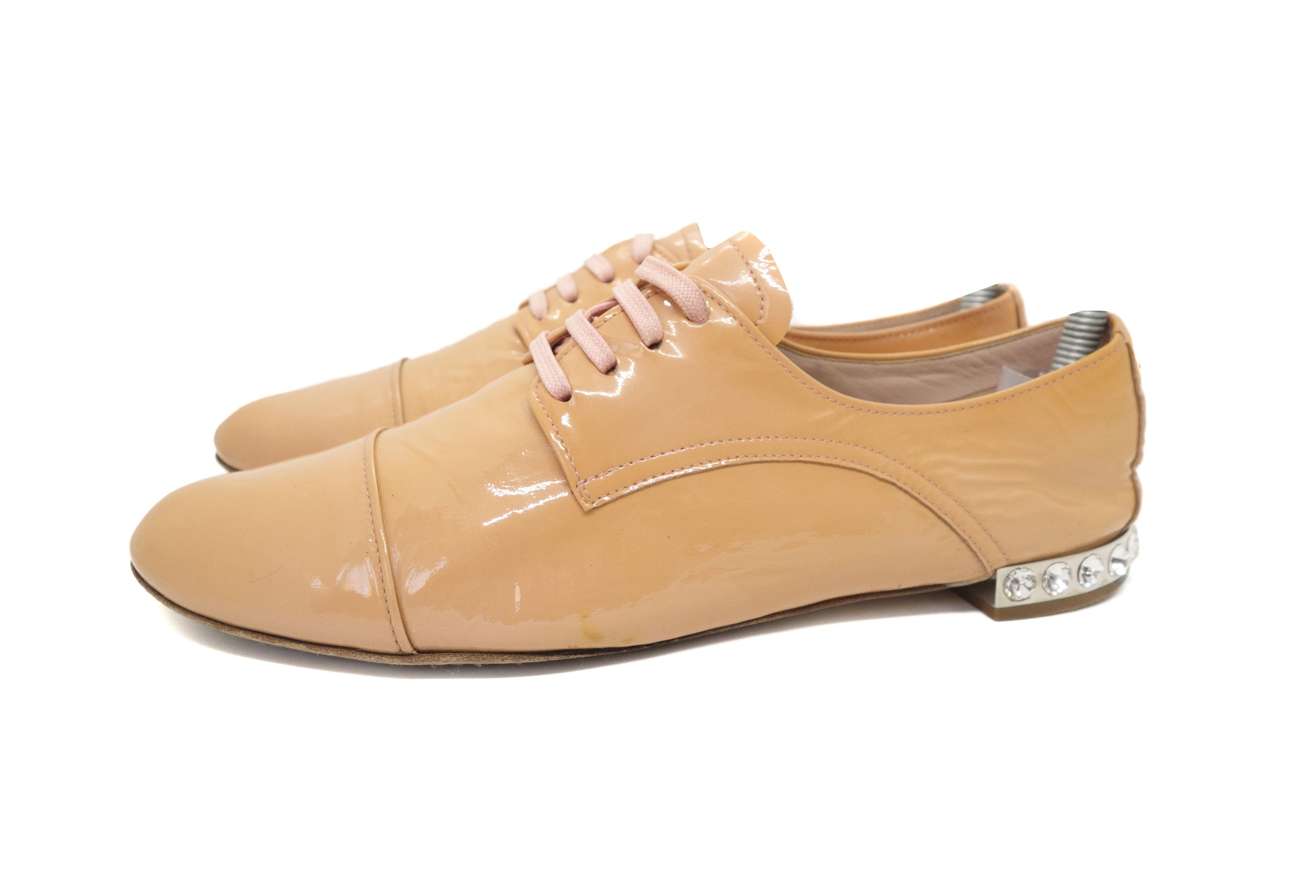 Miu Miu 00s Sesame Patent Leather Crystal Embellished Derby Shoes Size US 7.5 / IT 37.5 - 2 Thumbnail