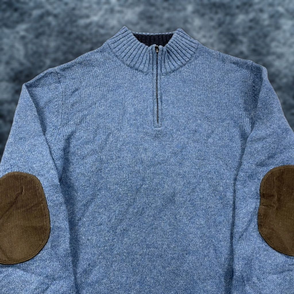 LL Bean Sweater Mens Large Blue Classic Ragg Wool Lamb Knit Elbow Patch 1/4 Zip