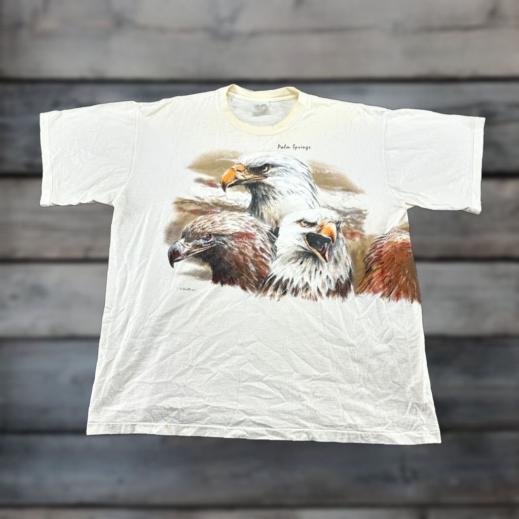 Vintage VINTAGE Hazelwoods Bald Eagle Shirt Mens XL White Graphic 90s Crew Neck Short Sleeve Cotton T-Shirt AOP Wraparound Single Stitch 90s Size US XL / EU 56 / 4 - 1 Thumbnail