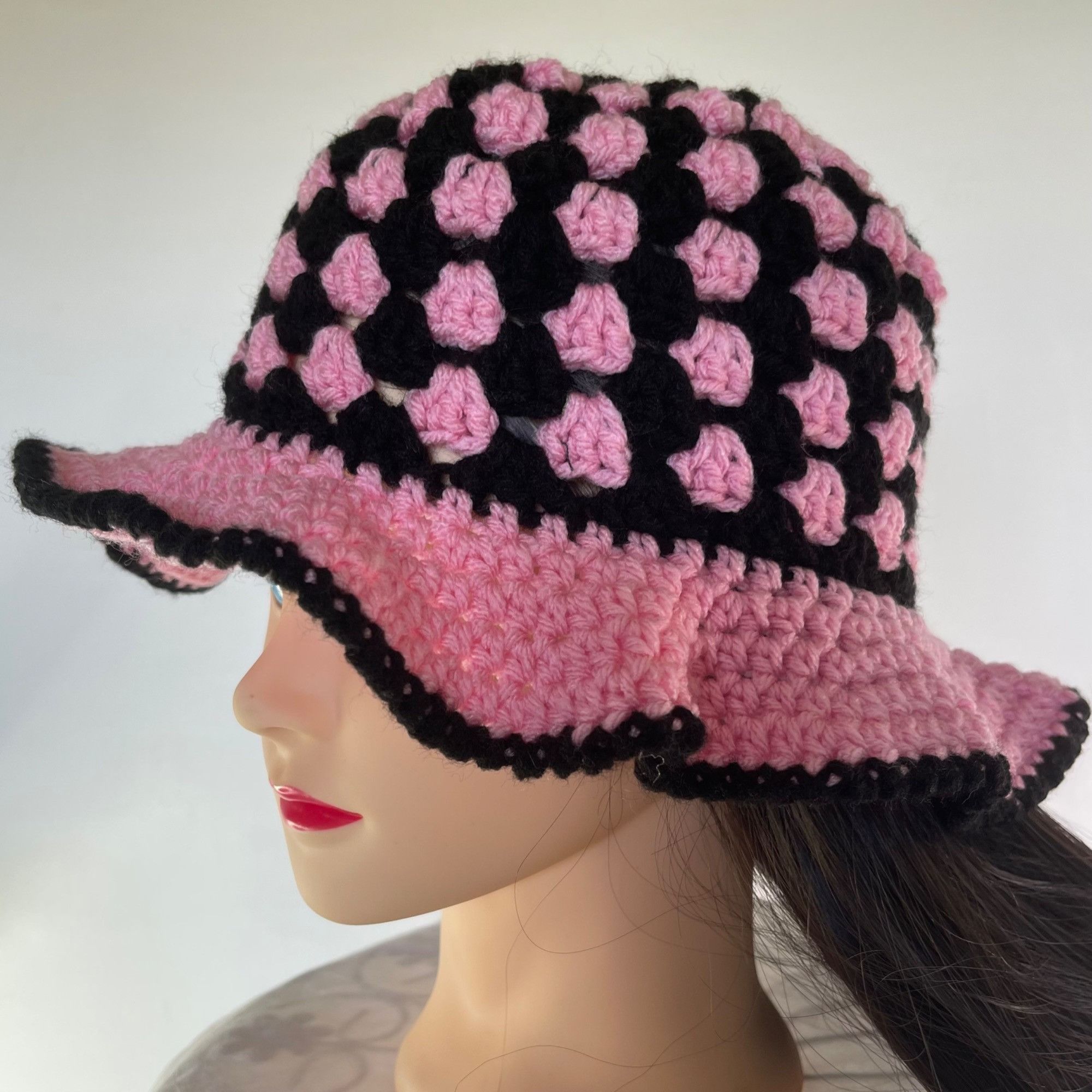 Handmade Crochet Bucket Hat Granny Square Pattern Pink and Black Adul Size ONE SIZE - 2 Thumbnail