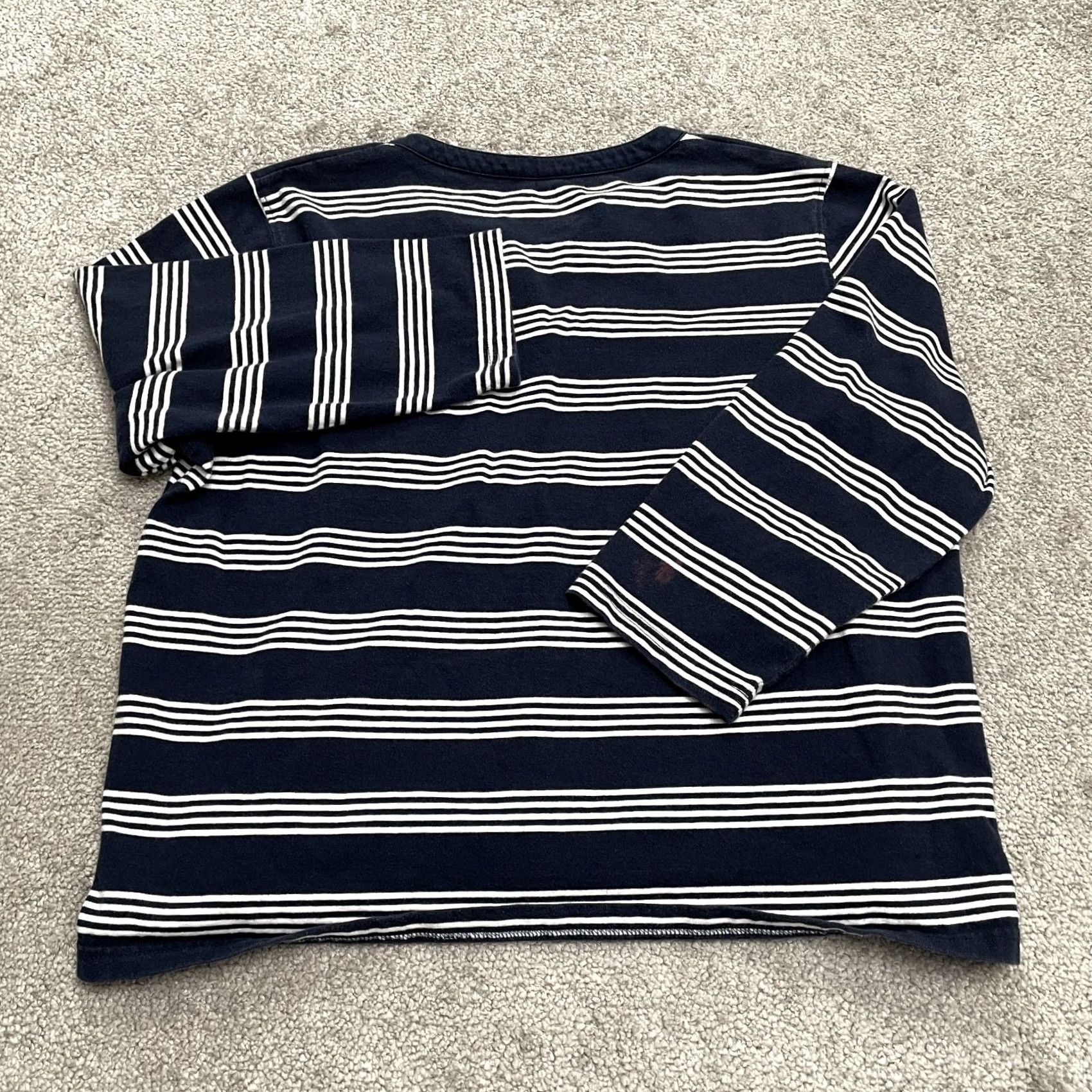Vintage L.L. Bean Women Medium Navy Blue Striped Long Sleeve Cotton Split Neck Top Size M / US 6-8 / IT 42-44 - 2 Thumbnail