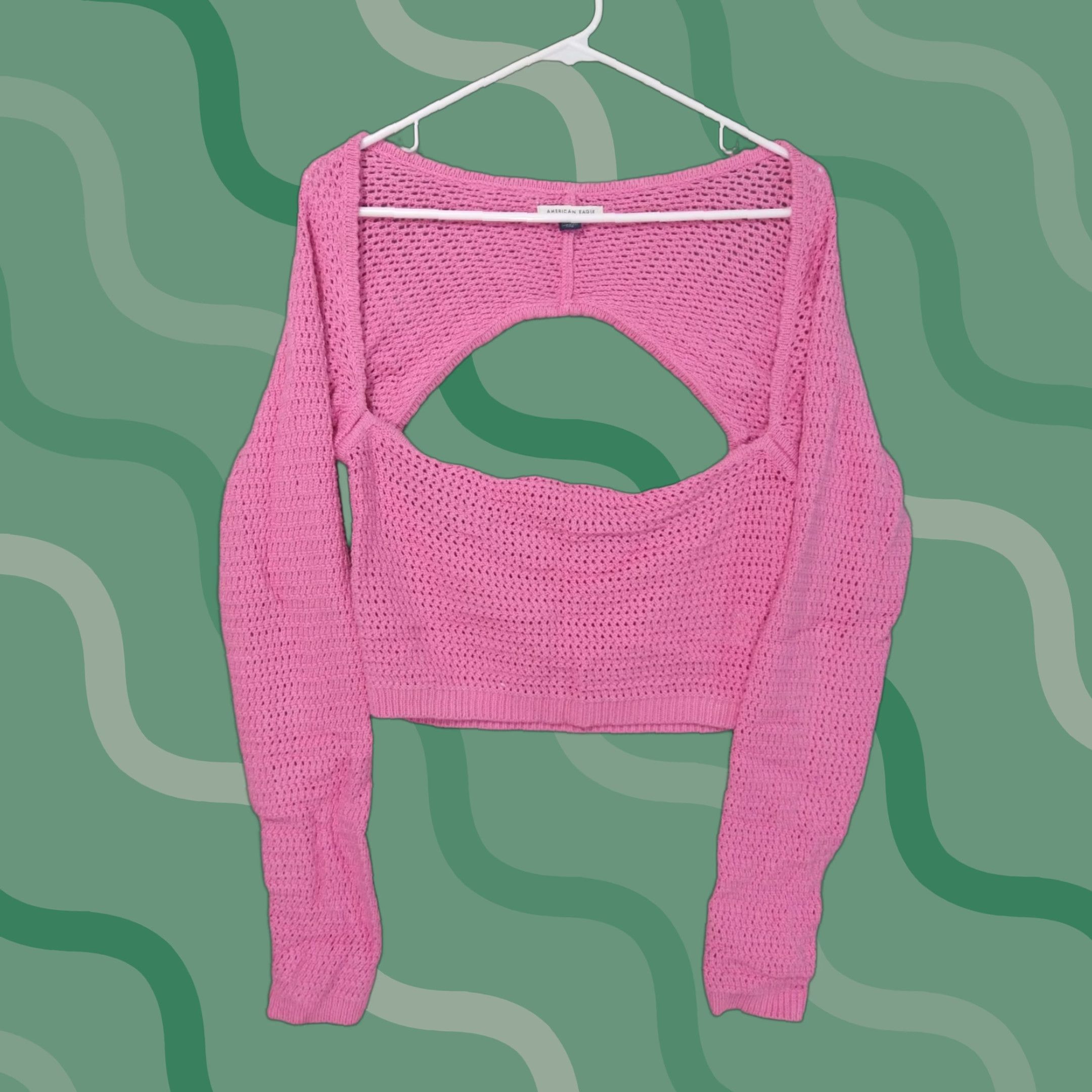 Vintage American Eagle Sweater Womens Large Pink Crop Crochet Cotton Long Sleeve Barbie Size L / US 10 / IT 46 - 1 Thumbnail