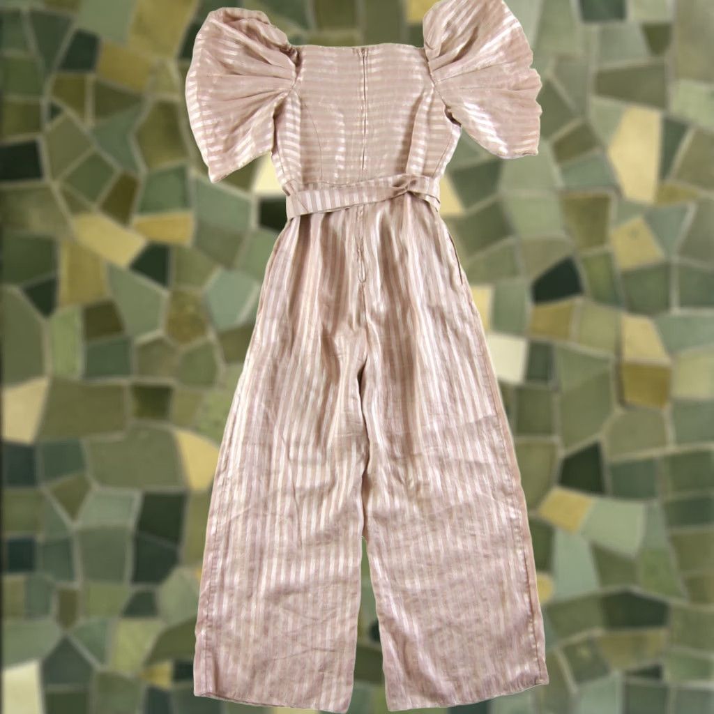 Vintage C/MEO COLLECTIVE Pink Through You Belted Puff Sleeve Wide Leg Stripe Jumpsuit S Size 28" / US 6 / IT 42 - 1 Thumbnail