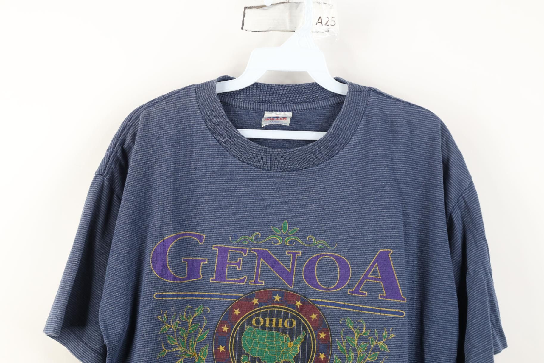 Vintage Vintage 90s Striped Genoa Ohio Short Sleeve T-Shirt Blue USA Size US L / EU 52-54 / 3 - 2 Thumbnail