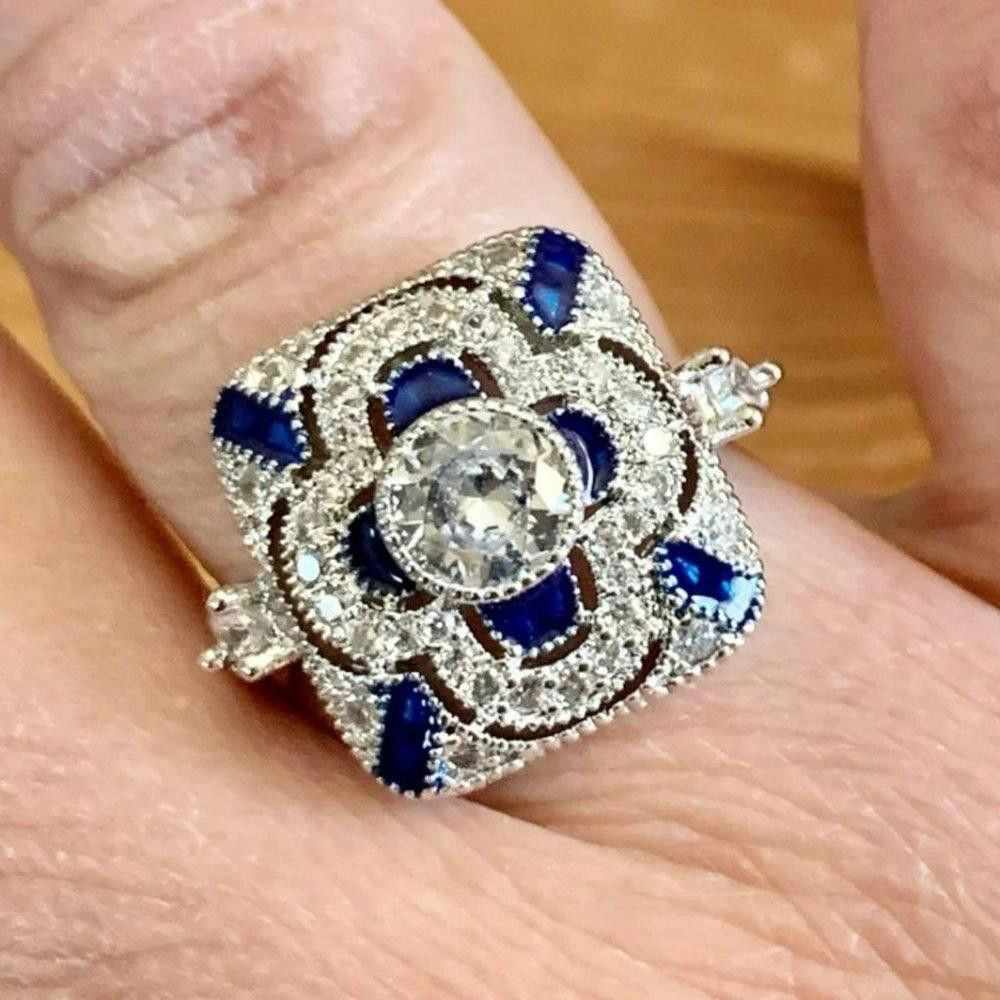Designer 925 Sterling Silver Blue Geometric Art Deco Ring - Size 7 Size ONE SIZE - 6 Thumbnail