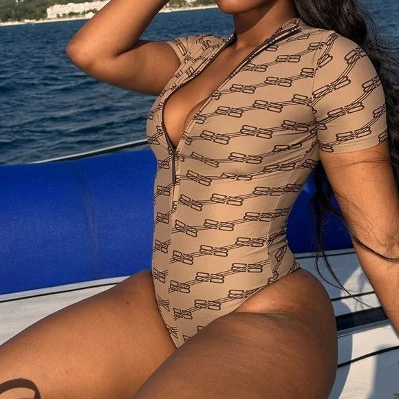 Balenciaga o1in1g0824 BB Monogram One-piece Swimsuit in Beige Size L / US 10 / IT 46 - 3 Thumbnail