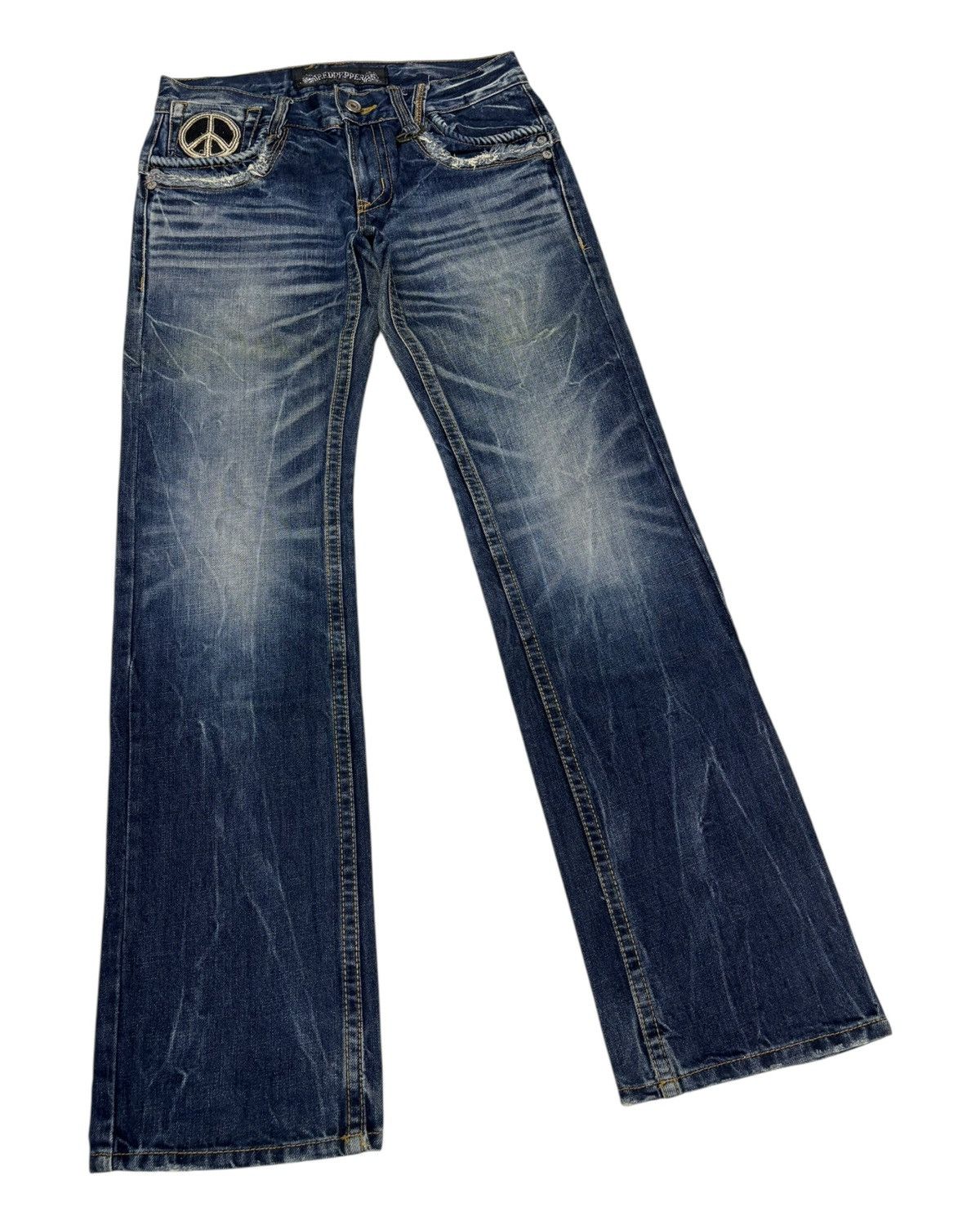 Tornado Mart 🔥RED PEPPER ☮️ EMBROIDERY FLARED JEANS DISTRESSED DENIM Size US 33 - 4 Thumbnail