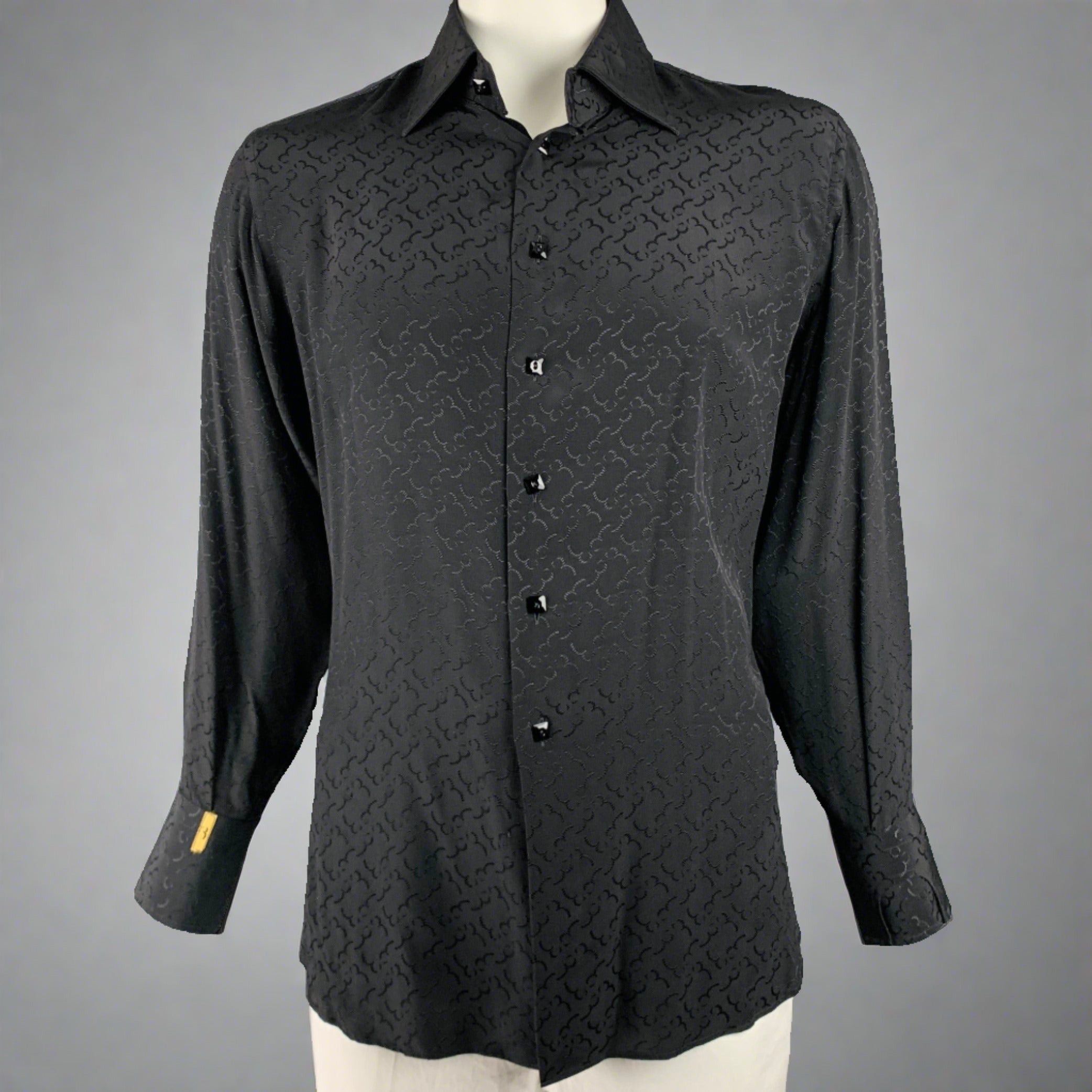 image of Billionaire Couture Black Monogram Jacquard Silk Long Sleeve Shirt, Men's (Size XL)