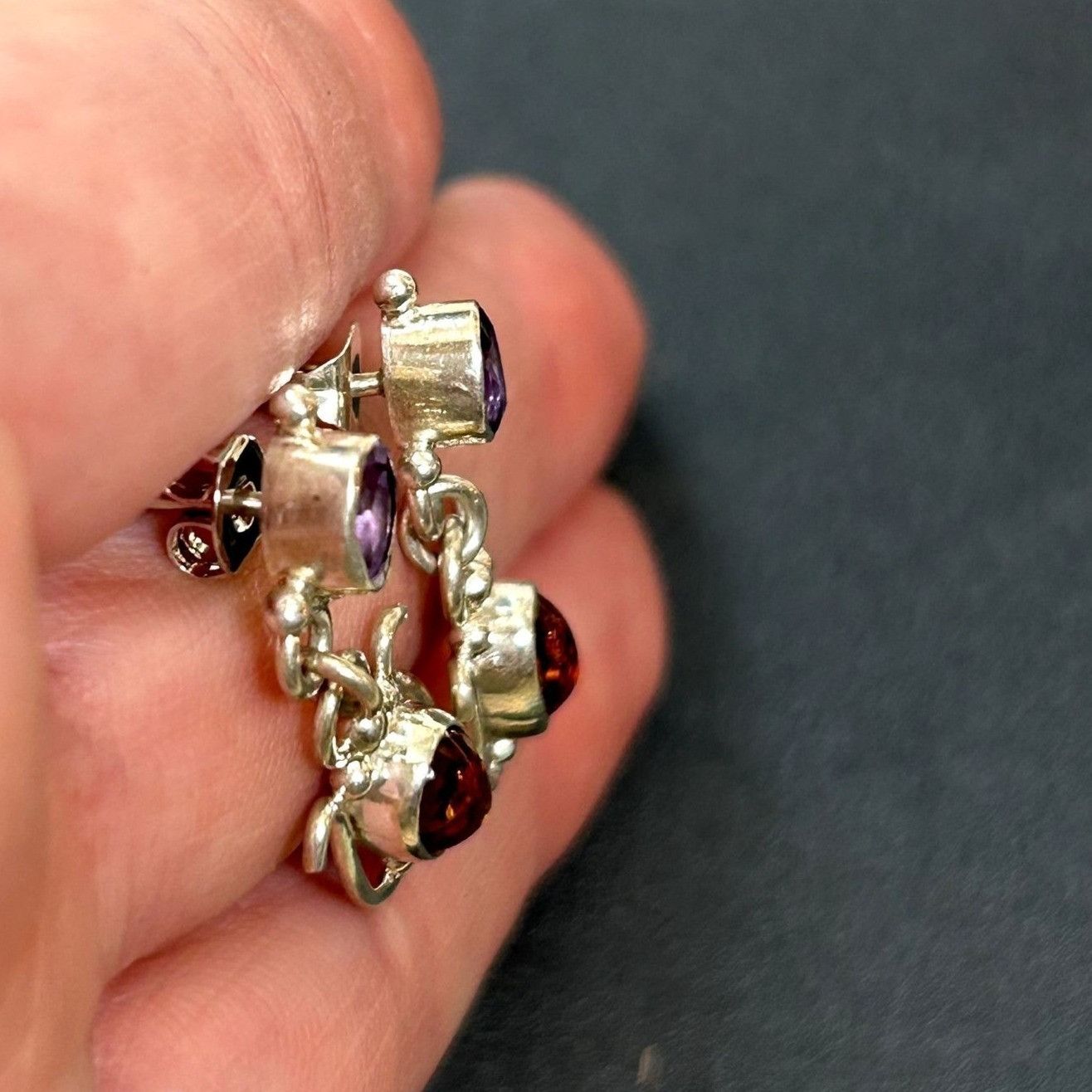 Vintage Sterling Silver 925 Amber & Amethyst Dangle Earrings Scroll Size ONE SIZE - 10 Thumbnail