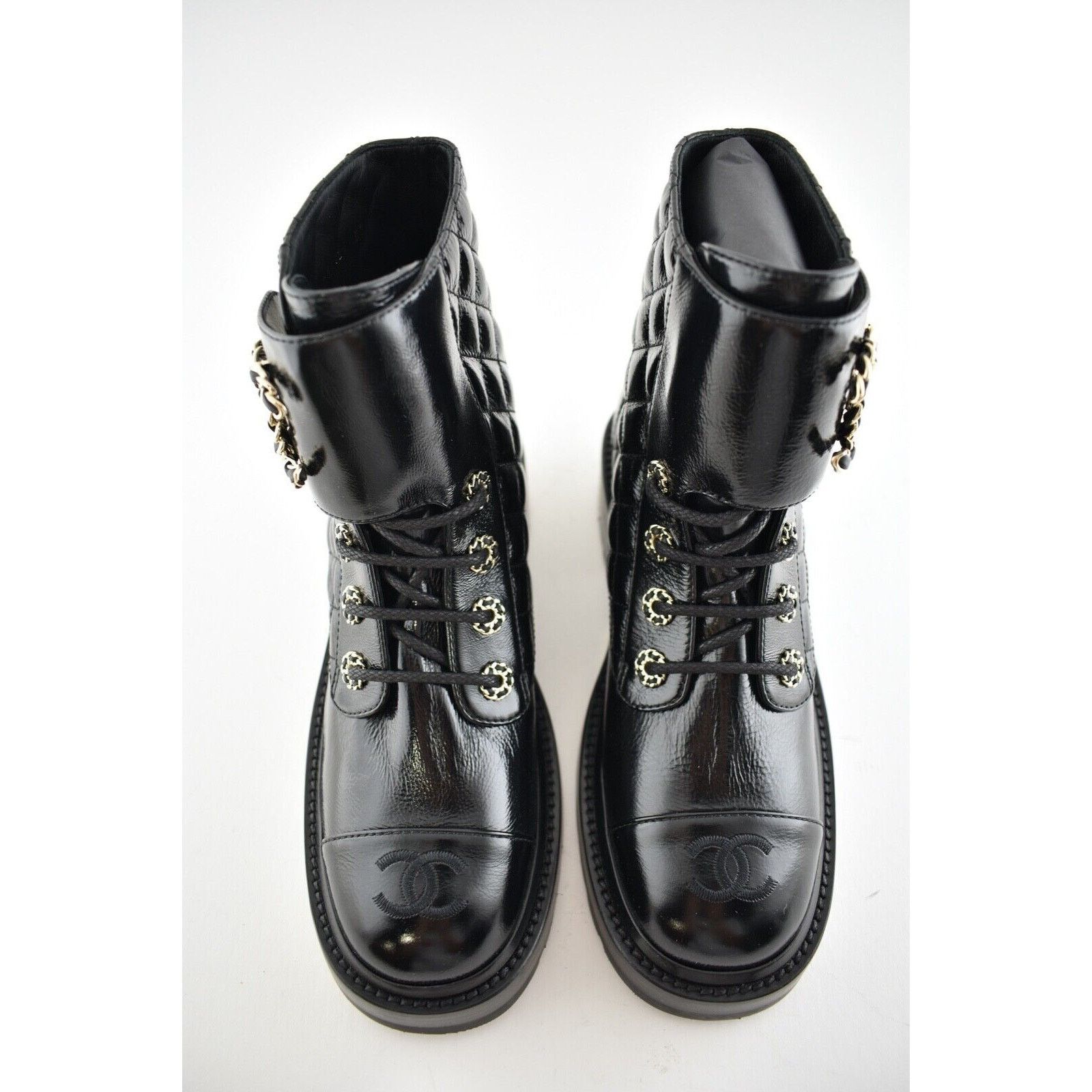 Chanel 21A Patent Quilted Gold CC Chain Combat Ankle Short Boot 40 Size US 10 / IT 40 - 6 Thumbnail