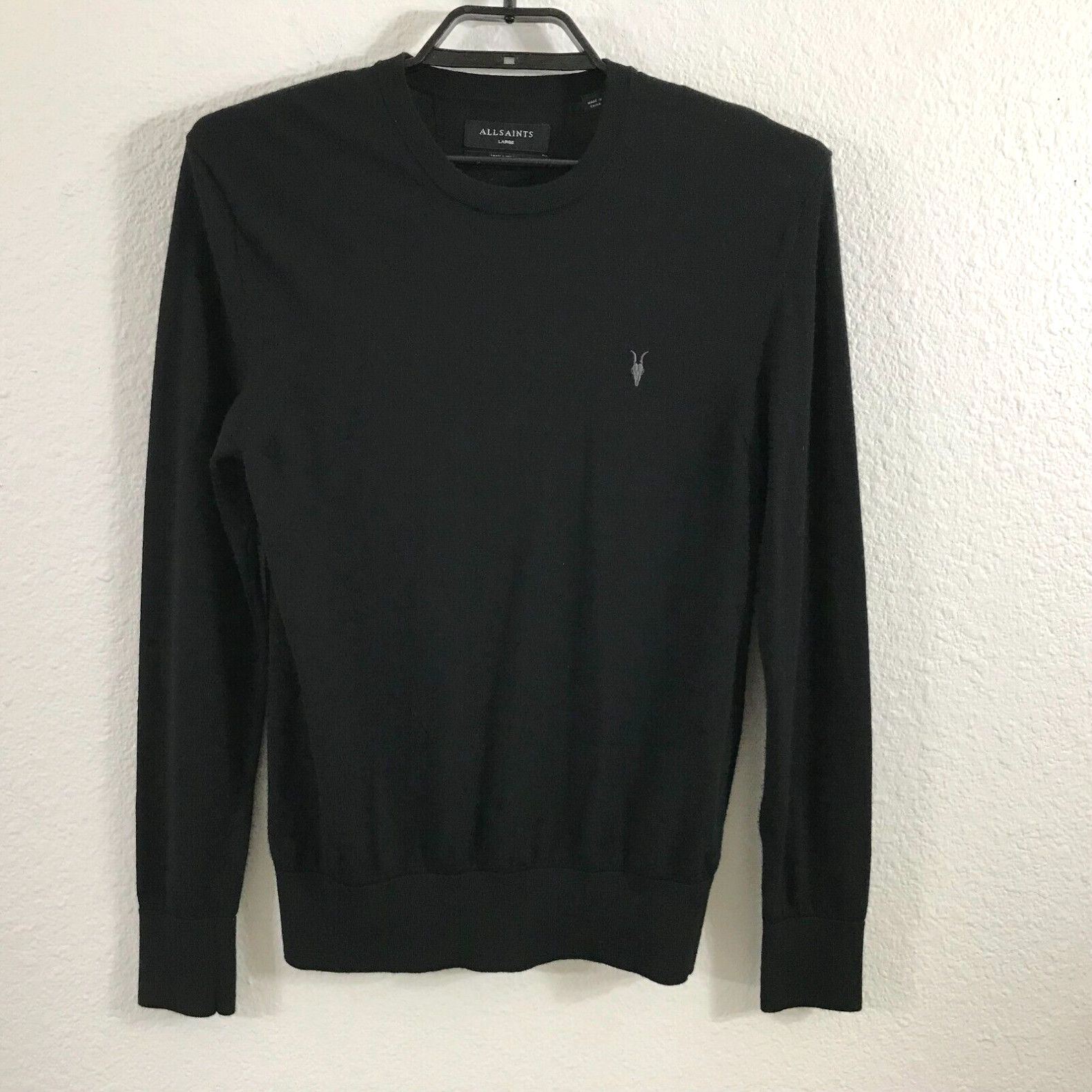 image of Allsaints Mode Merino Crew Sweater Size L Wool Black Solid Long Sleeve Ramskull in White, Men's