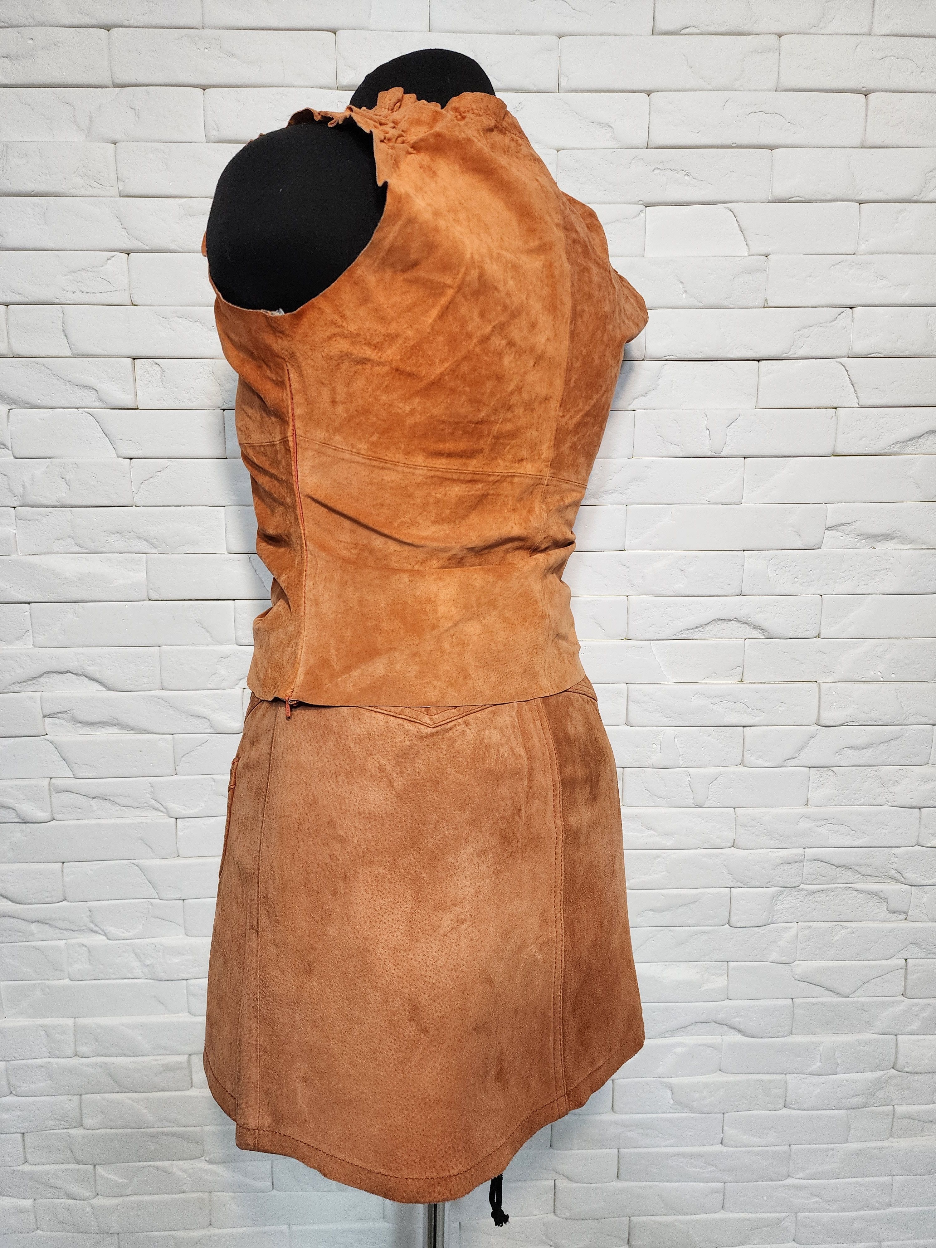 Genuine Leather Vintage Brown Leather Suit: Suede Vest & Skirt Size 29" - 6 Thumbnail